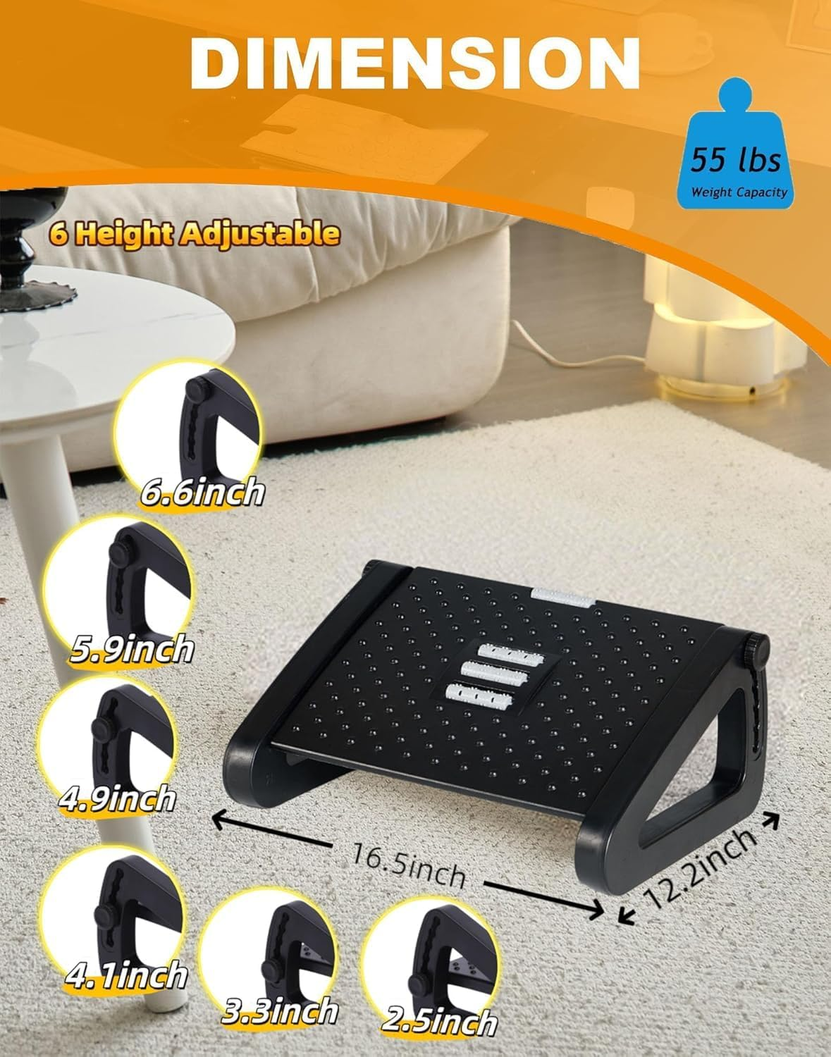 Sooyee Foot Rest for under Desk at Work, Ergonomic 6 Heights Adjustable Footrest with Massage Roller, Portable under Desk Foot Stool for Home,Office(Black) image number 2