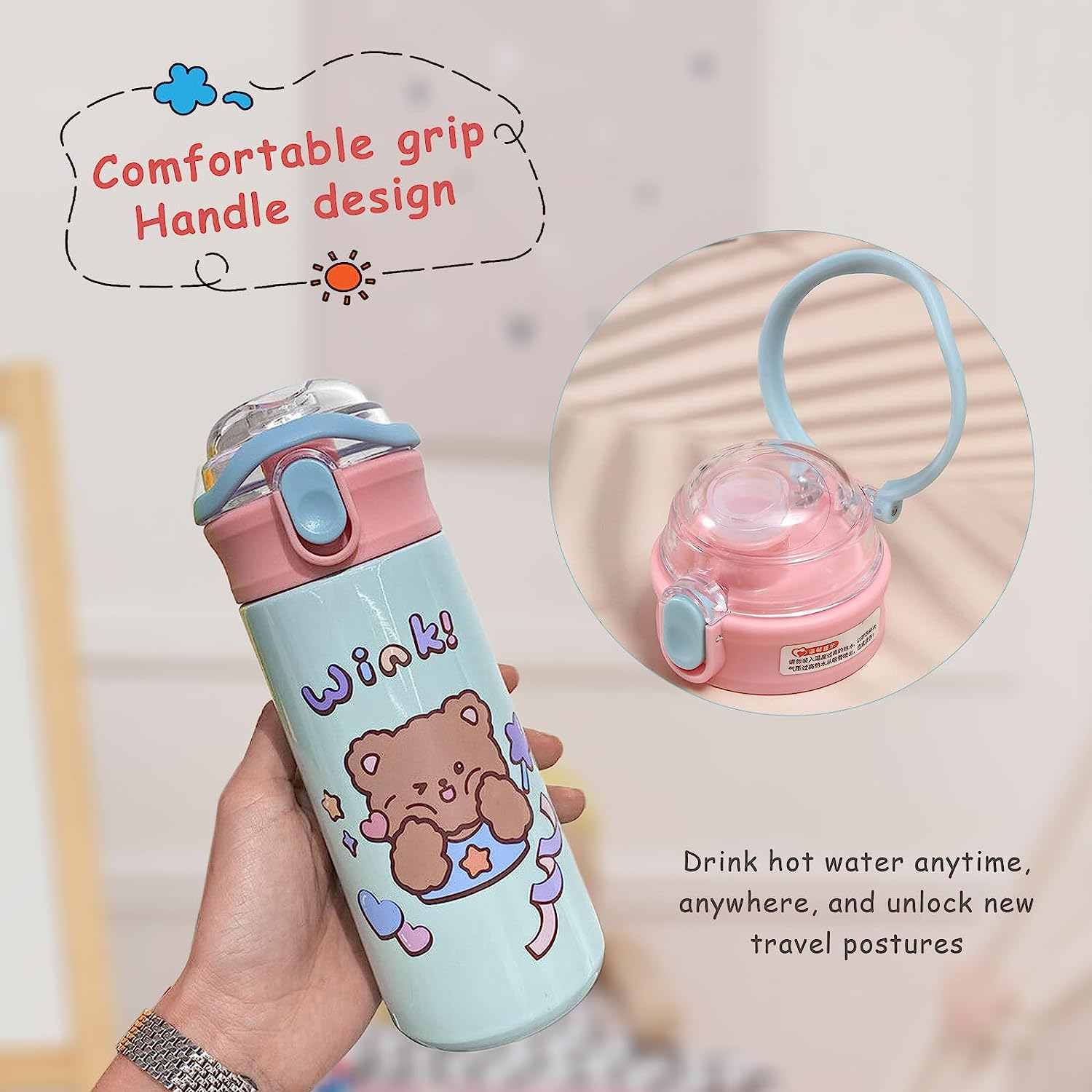 500Ml Kids Water Bottle with One-Click-Open Straw Lid 17Oz, Vacuum Insulated 304 Stainless Steel Water Bottles for School, Leakproof Toddler Water Bottle, BPA Free Sweat & Leak-Proof image number 6
