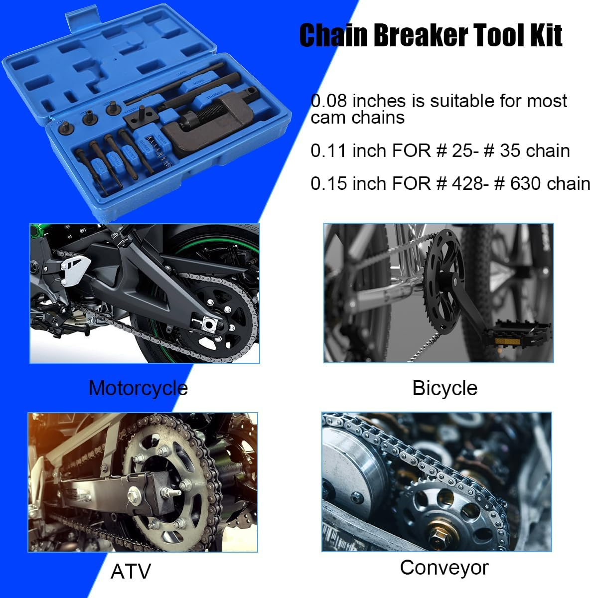 Sandfren Motorcycle Chain Brake Tool Kit, 13PCS Motorbike Chain Braker Set with C Frame 3 Anvils 4 Brake Tips, Dirtbike Link Repair Removal Tool, Fit for Cam & 25 to 630 Chains image number 1