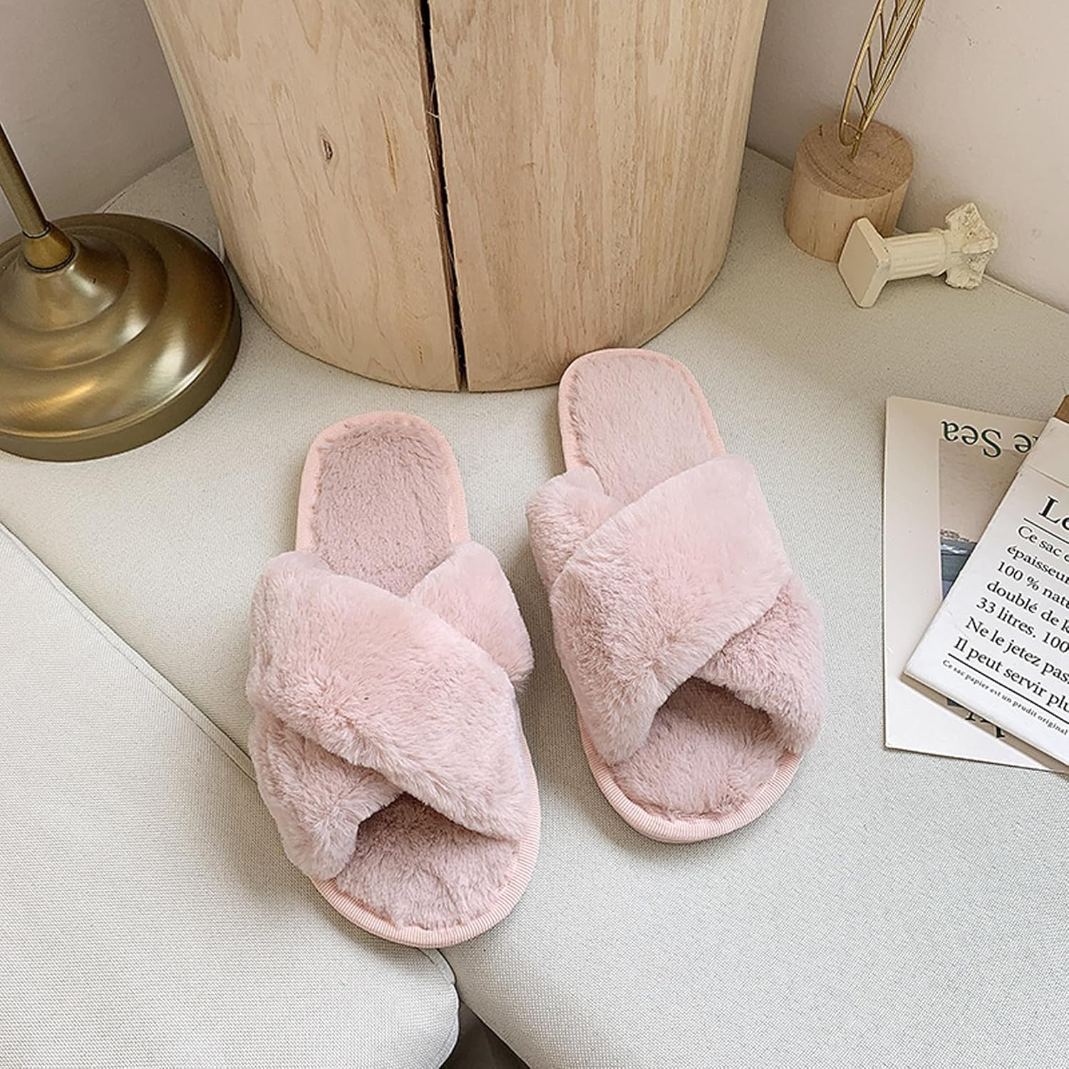 Top G Women Cross Band Slippers Fuzzy Fluffy House Slippers Cozy Plush Memory Foam Shoes Winter Indoor Outdoor Open Toe Sandals image number 4