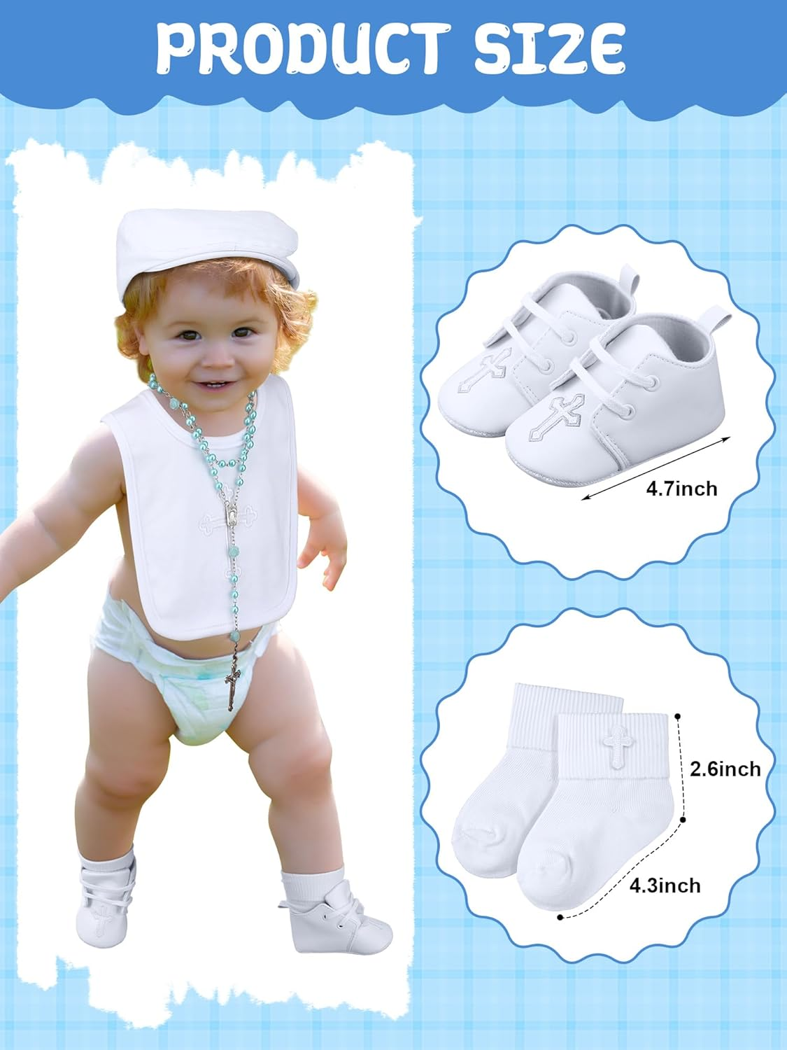 5 Pcs Baptism Gifts for Baby Boys Include White Embroidered Cross Bib Christening Socks Shoes Baptism Hat and Rosary Christening Outfits for Boys Toddler Infant First Communion Gift, White image number 1