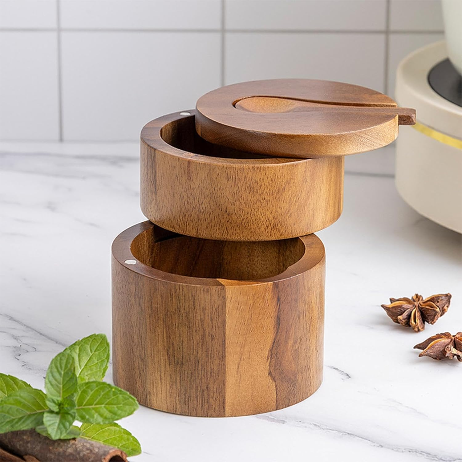 Salt Cellar | Sea Salt Container Box Built-In Spoon | Salt Cellar Bowl, Kitchen Salt Holder, round Salt Keeper for Pepper Seasoning Bath Salt Sea Salt image number 4