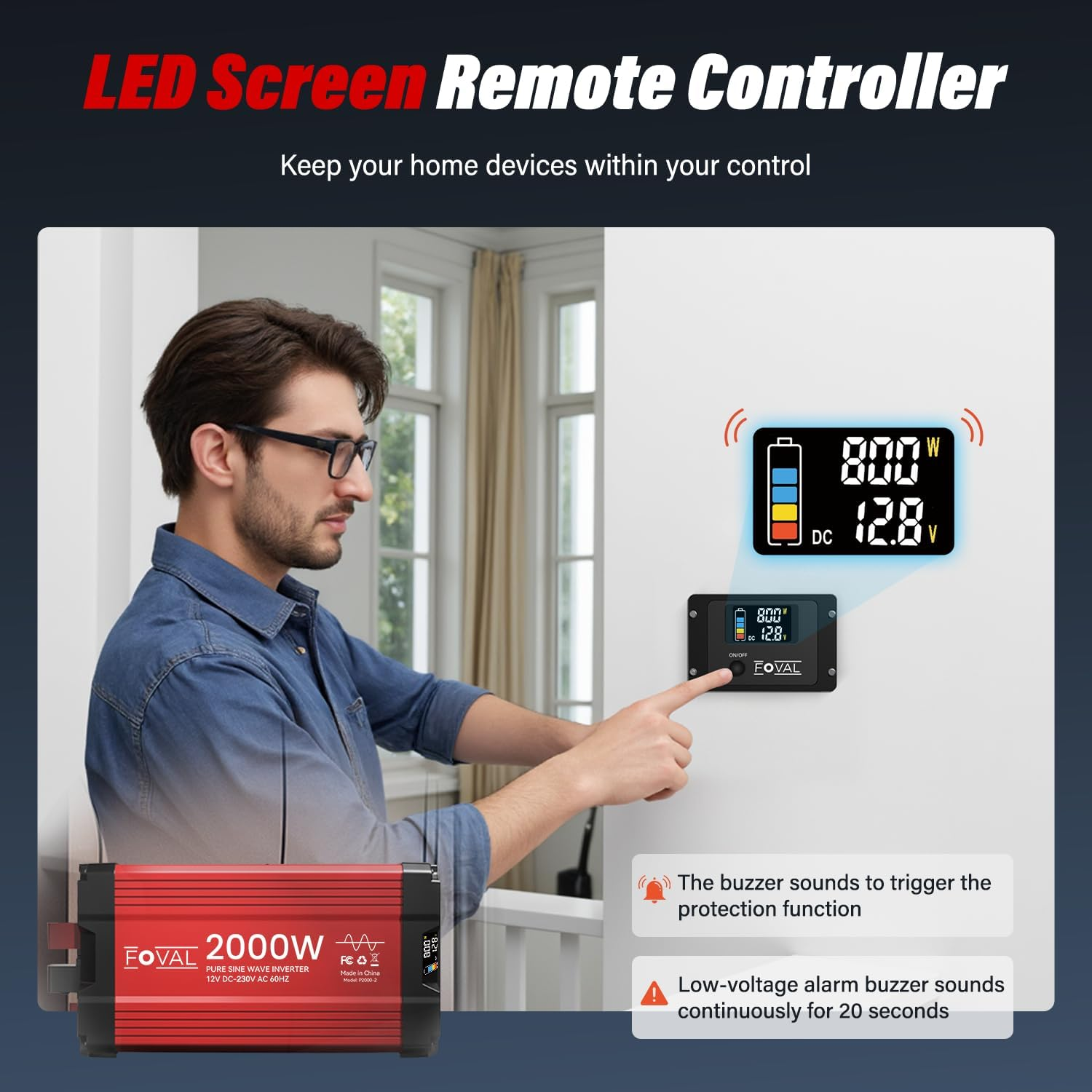 FOVAL 2000W Pure Sine Wave Inverter 12V DC to 230V AC Converter, 4000W Peak Power Inverter with LCD Display and 2 AC Outlets for Home, RV, Truck, and Off-Grid Solar System, Remote Controller image number 2