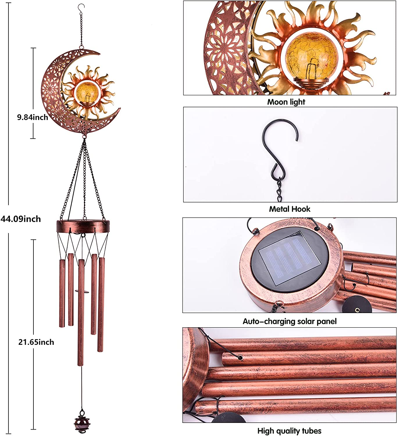 Solar Wind Chimes-Outdoor outside Garden Decorative Wind Chime Light with Cracked Ball-Waterproof Metal LED Hanging Chime Decor (Moon&Sun) image number 1