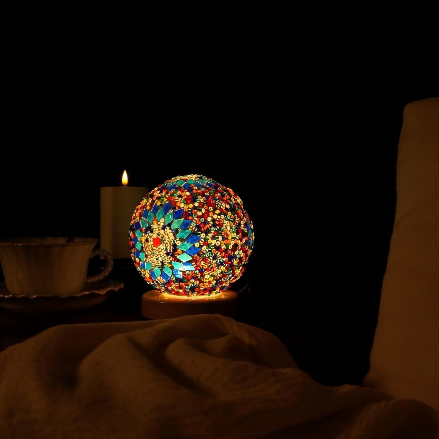 Boho Color Mosaic Lamp Vintage Retro Stained Turkish Moroccan Bohemian Tiffany Bedside Colorful Handmade Glass with Wood Base USB Charge Decor Light for Bedroom Ambient Living Room Farmhouse - Boho A Green image number 5