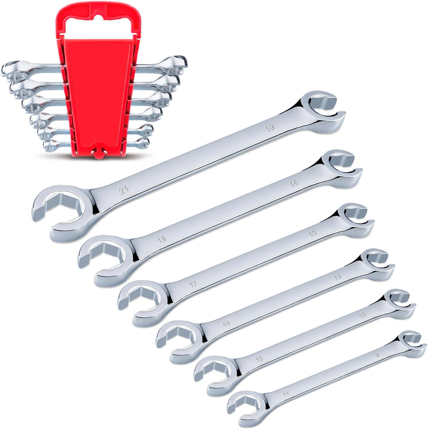 EFFICERE 5-Piece Double-End SAE Flare Nut Wrench Set in Rack, Size 1/4, 5/16, 3/8, 7/16, 1/2, 9/16, 5/8, 11/16, 3/4, 7/8&rdquo; | Cr-V Steel, 6-Point Head, Best Line Wrench for Fuel, Brake, Air Conditioning image number 1
