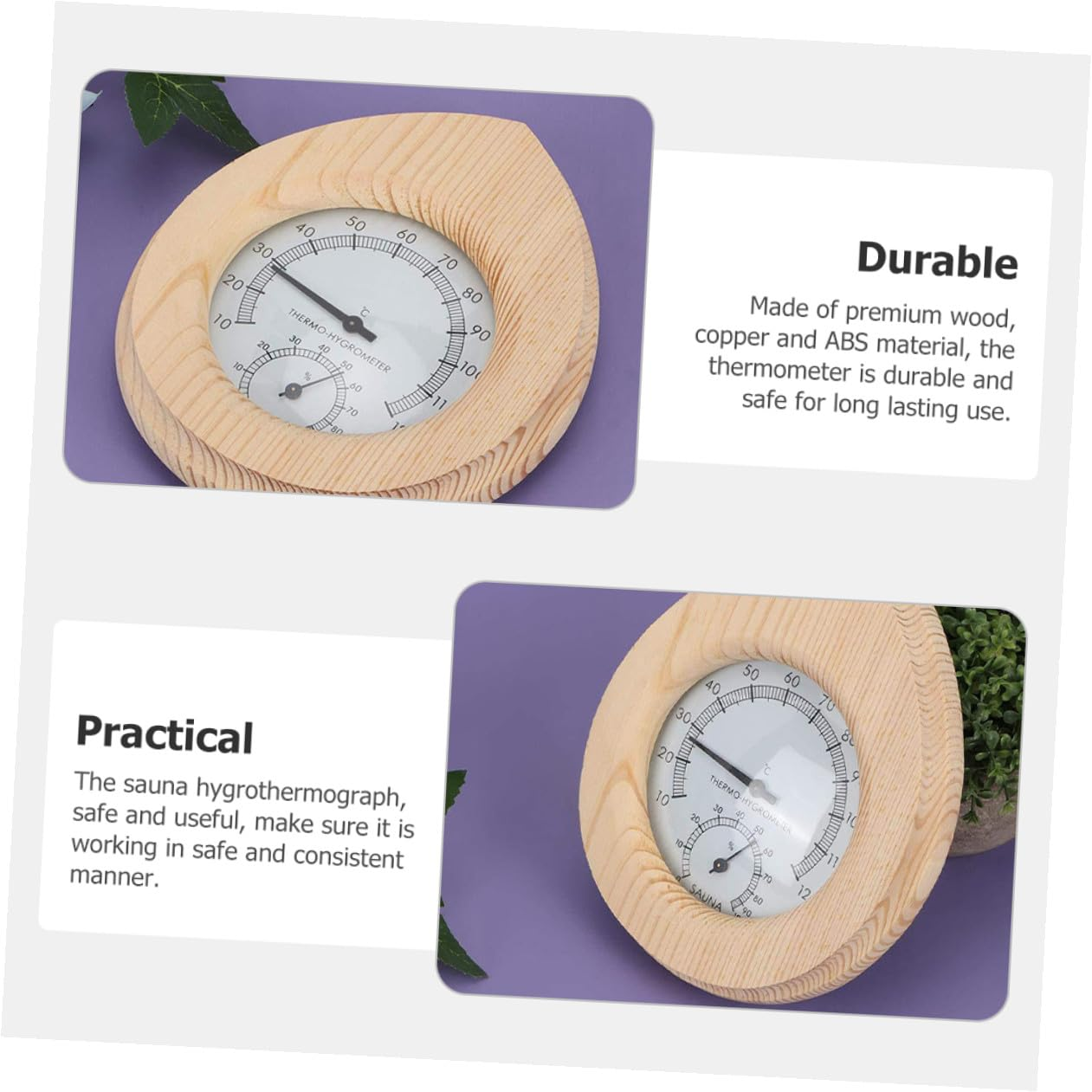COHEALI Sauna Hygrothermograph Indoor Outdoor Temperature Humidity Gauge with Scale Hanging Design Wood Copper Abs for Sauna Rooms Nursery Garden image number 2