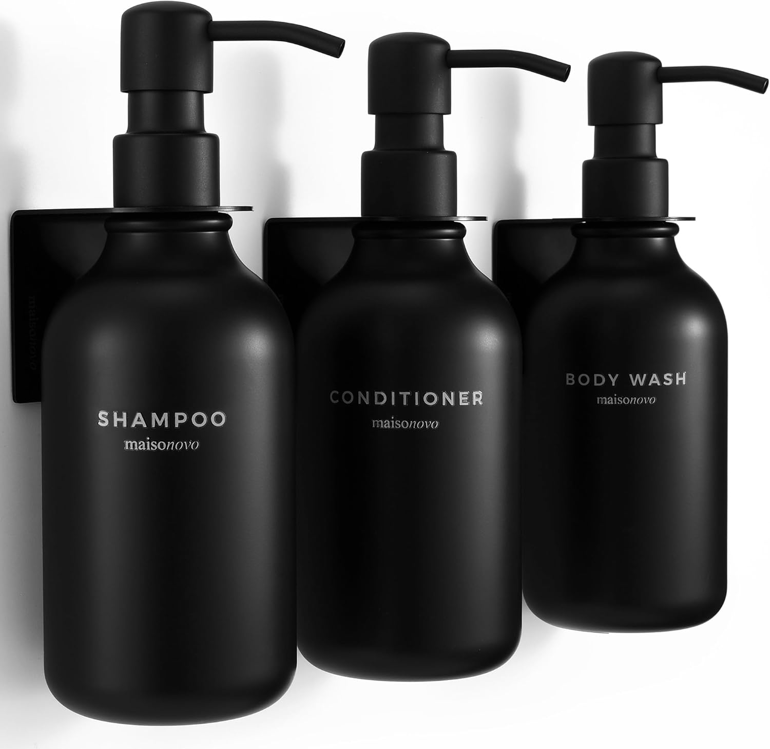 MAISONOVO Shampoo Dispenser for Shower Wall 3 Chamber - Drill Free Shower Soap Dispenser Wall Mount with Waterproof Labels | 3 Black Plastic Bottles with Black Metal Pumps