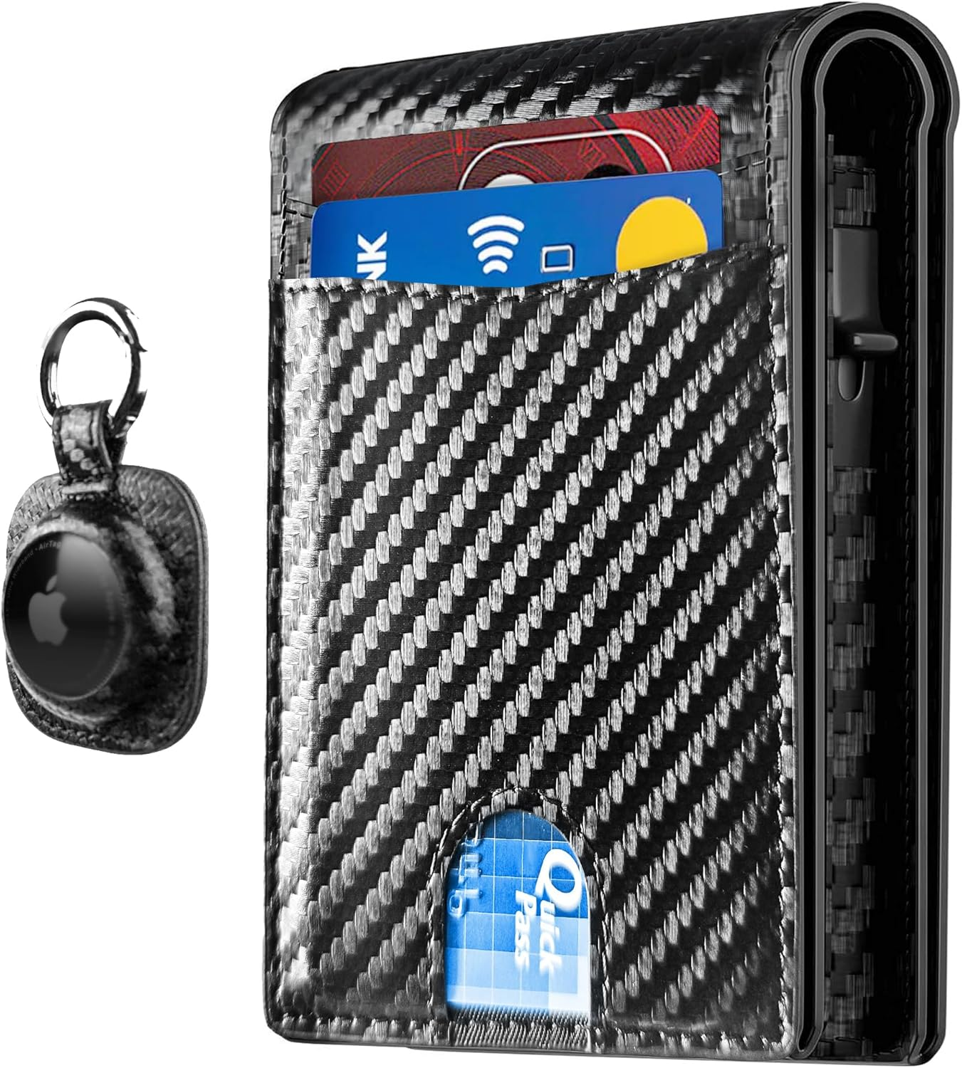 QLD Minimalist Wallet for Men - Slim RFID Blocking Bifold Credit Card Holder Leather Pop up Wallet Aluminum Case with Cash Slot, Front Pocket with ID Window, Gift Boxed, Carbon Fiber, Minimalist