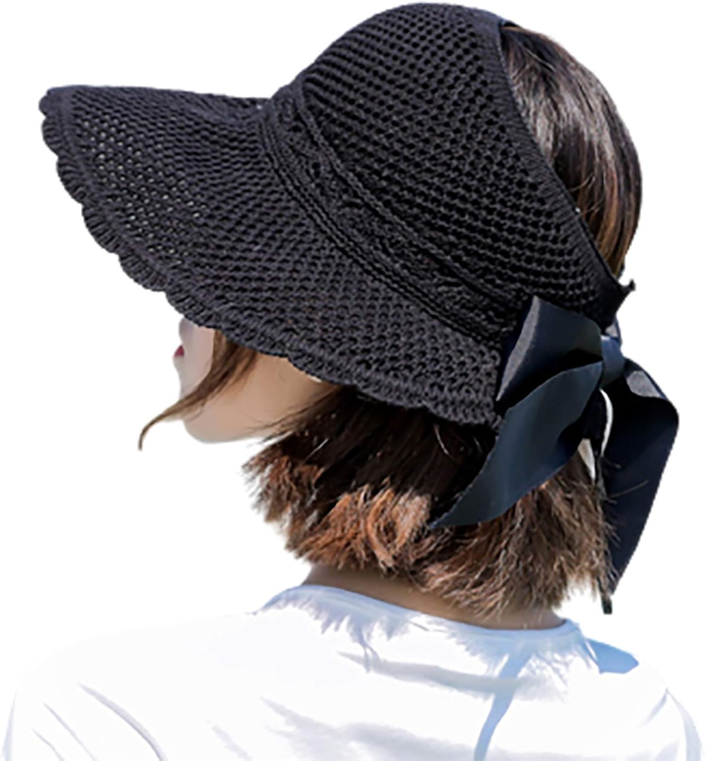 Sun Hats for Women with Ponytail Hole UV Protection Wide Brim Beach Cap Lightweight Foldable/Packable Straw Hats Bucket Cap with Decorative Bow