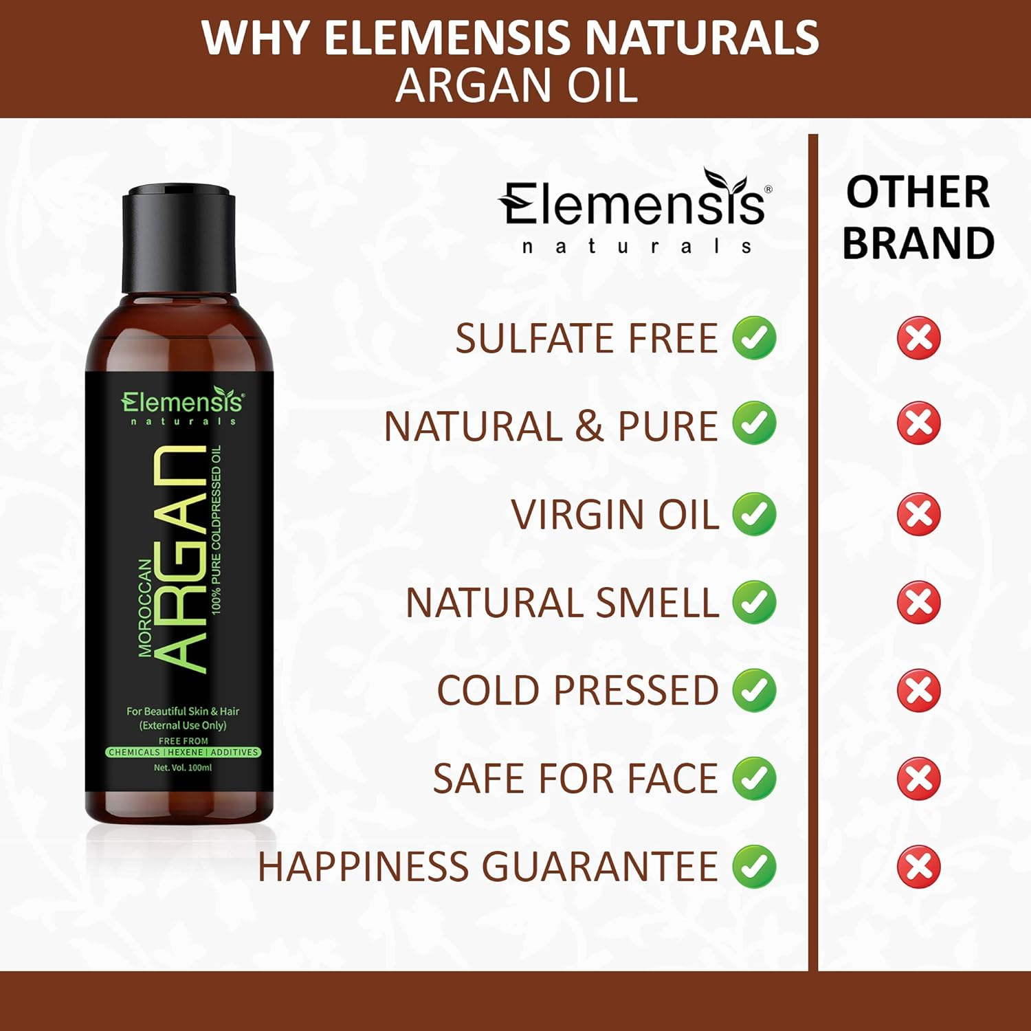 Elemensis Naturals Argan Oil Pure & Natural Therapeutic Grade, Cold Pressed for Hair, Skin & Face (100Ml) image number 6