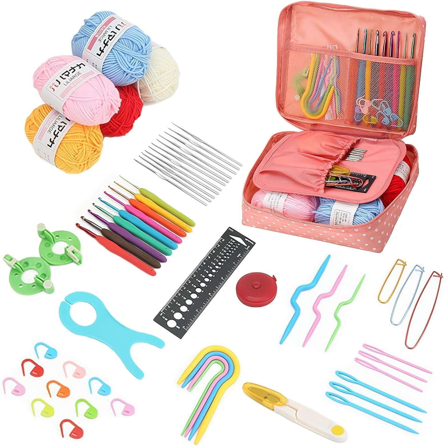 REGODI Crochet Kit, Pink Knitting Kit for Beginners with Crochet Yarn, Hooks, Accessories & Portable Storage Bag - Great for Adults, Elderly and Kids image number 1