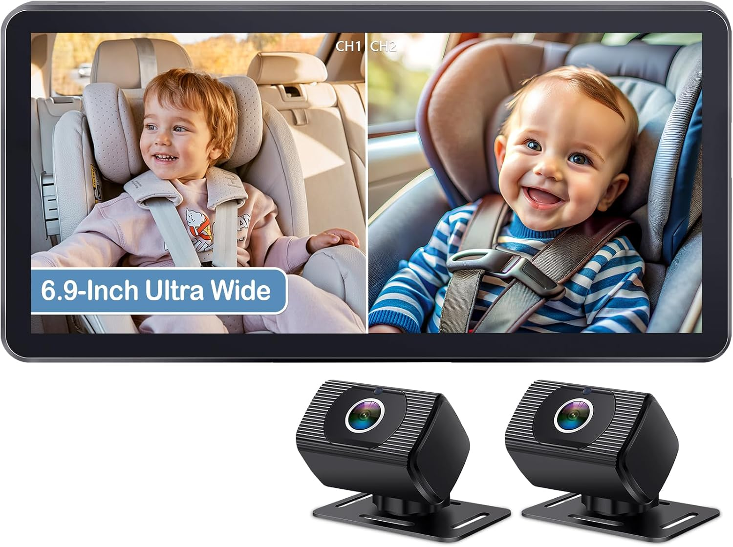 2-Kids Baby Car Camera for Seat: 6.9 Inch Ultrawide Display with Two Cameras Rear Facing - USB Powered Backseat Camera HD 1080P Easy to Install image number 4