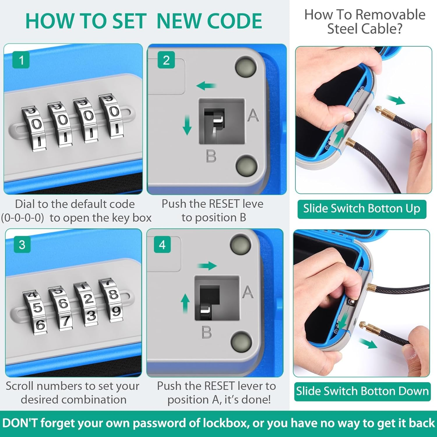 ORIA Portable Safe Box, Security Lock Box, Safe Lock Case with 4-Digit Code, Removable Wire Rope, Waterproof Key Lock Box for Passport, Credit Card, Phone, for Travel, Home, Office, Hotel, Beach -Blue image number 3