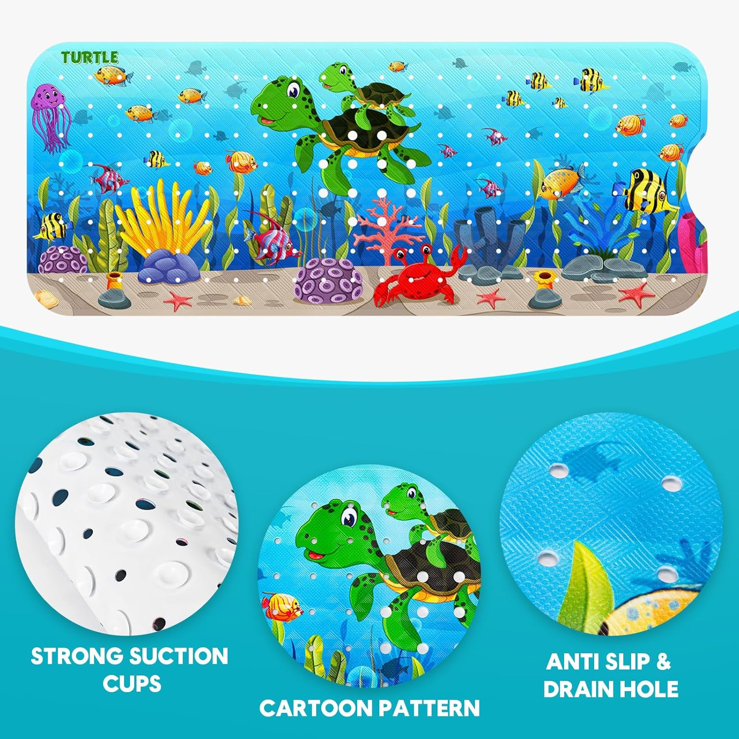 XIYUNTE Baby Bath Mat Non Slip anti Mould, 100X40Cm Extra Long Bathtub Mat anti Slip Shower Mat with Suction Cups and Drain Holes, Cartoon Patterned for Kids, Machine Washable, Sea Turtle image number 4
