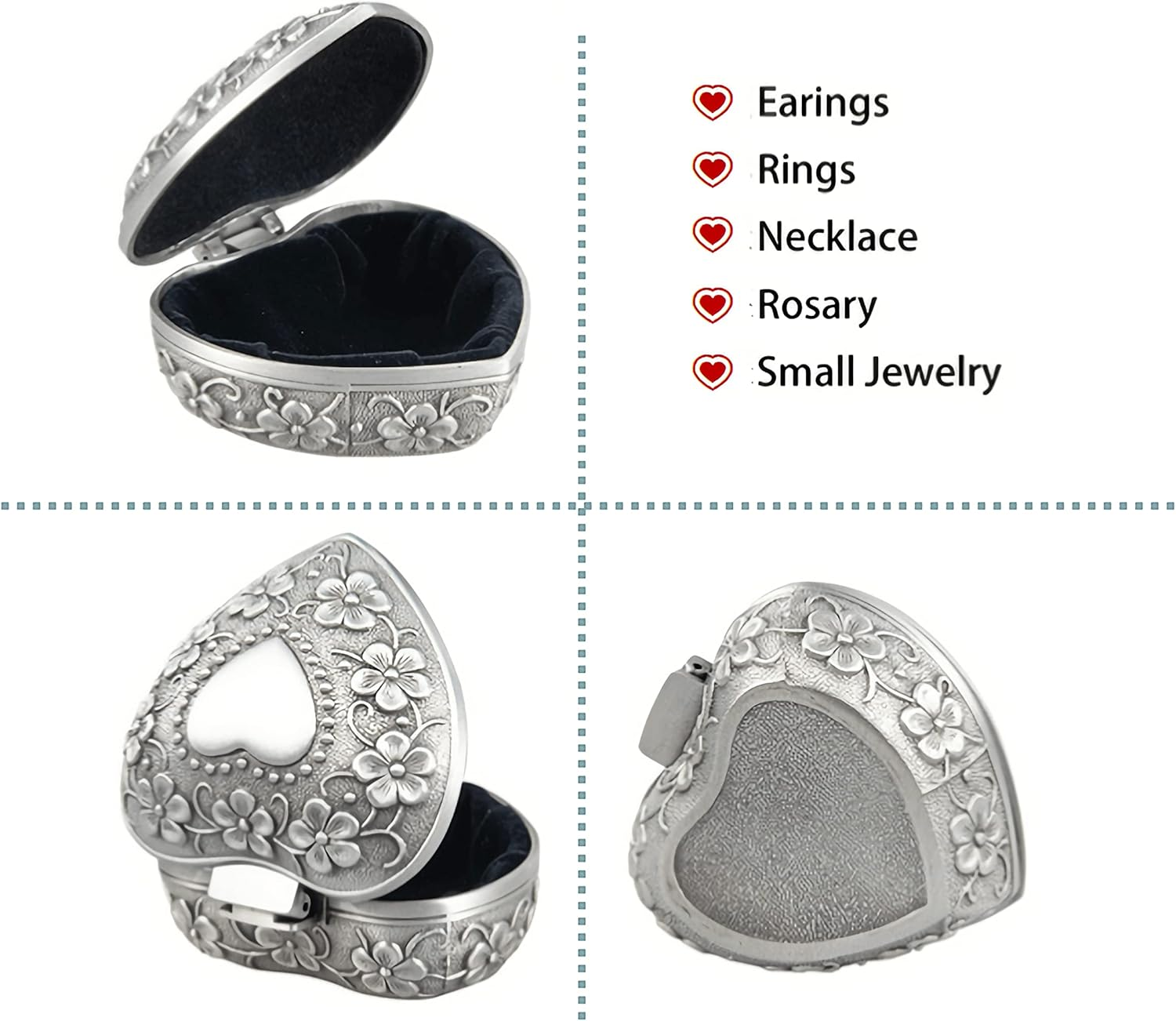 Vintage Metal Heart Shape/Retro Classic Pirate Jewelry Box, Small Trinket Jewelry Storage Box for Rings Earrings Necklace Treasure Chest Organizer Antique Jewelry Keepsake Gift Box Case for Girl image number 5