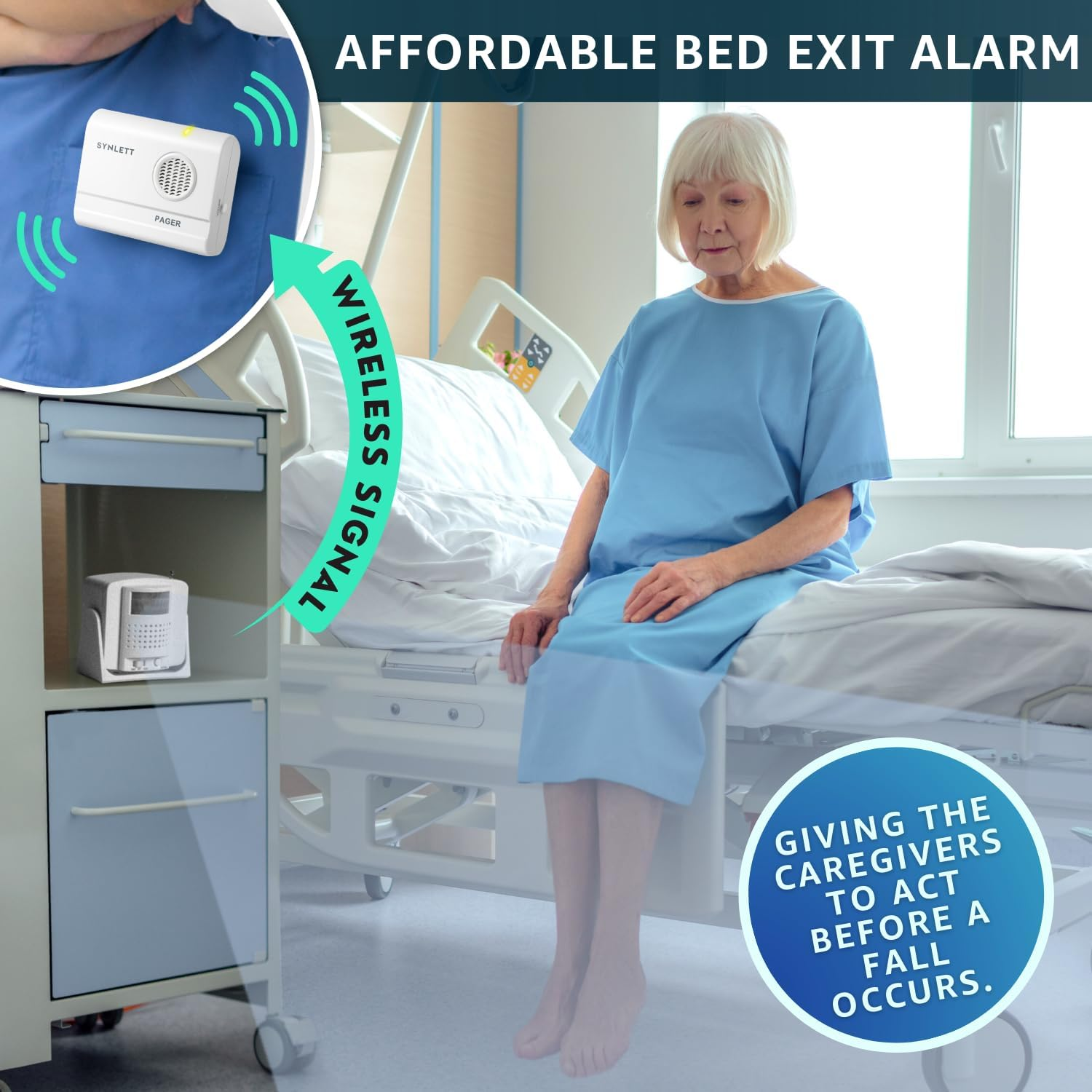 SYNLETT Bed Alarm Caregiver Pager with Wireless Motion Sensor Alarm Indoor Fall Prevention for Elderly Monitoring Seniors Dementia Patients Seniors Home Door Chime image number 3