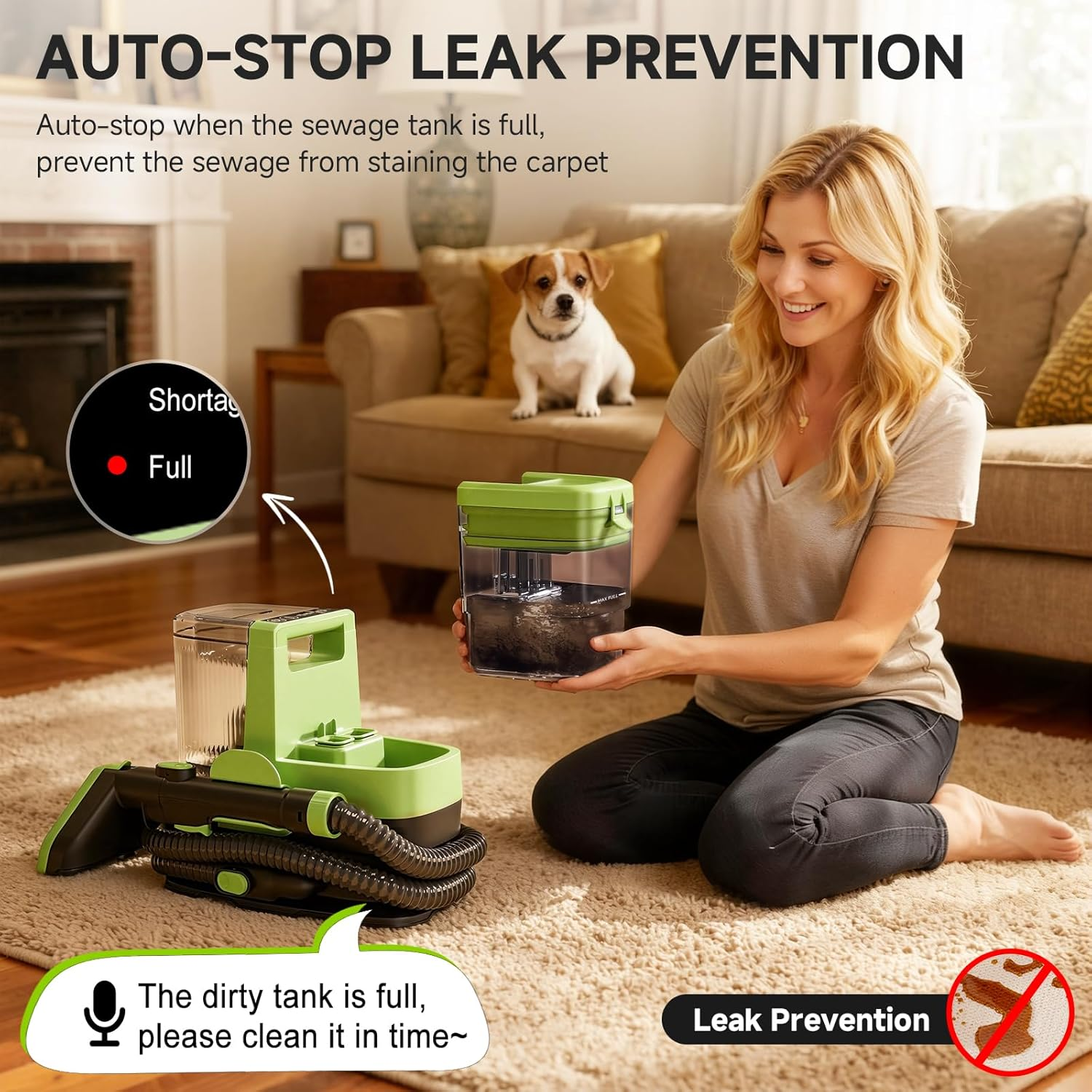 AAOBOSI 1800W Carpet and Upholstery Cleaner, Stain and Spot Remover with 17Kpa Suction, Self-Cleaning Function, 4 Cleaning Tools, Deep Cleaning for Pet Messes, Carpets, Rugs, Couch & Car, Green image number 6