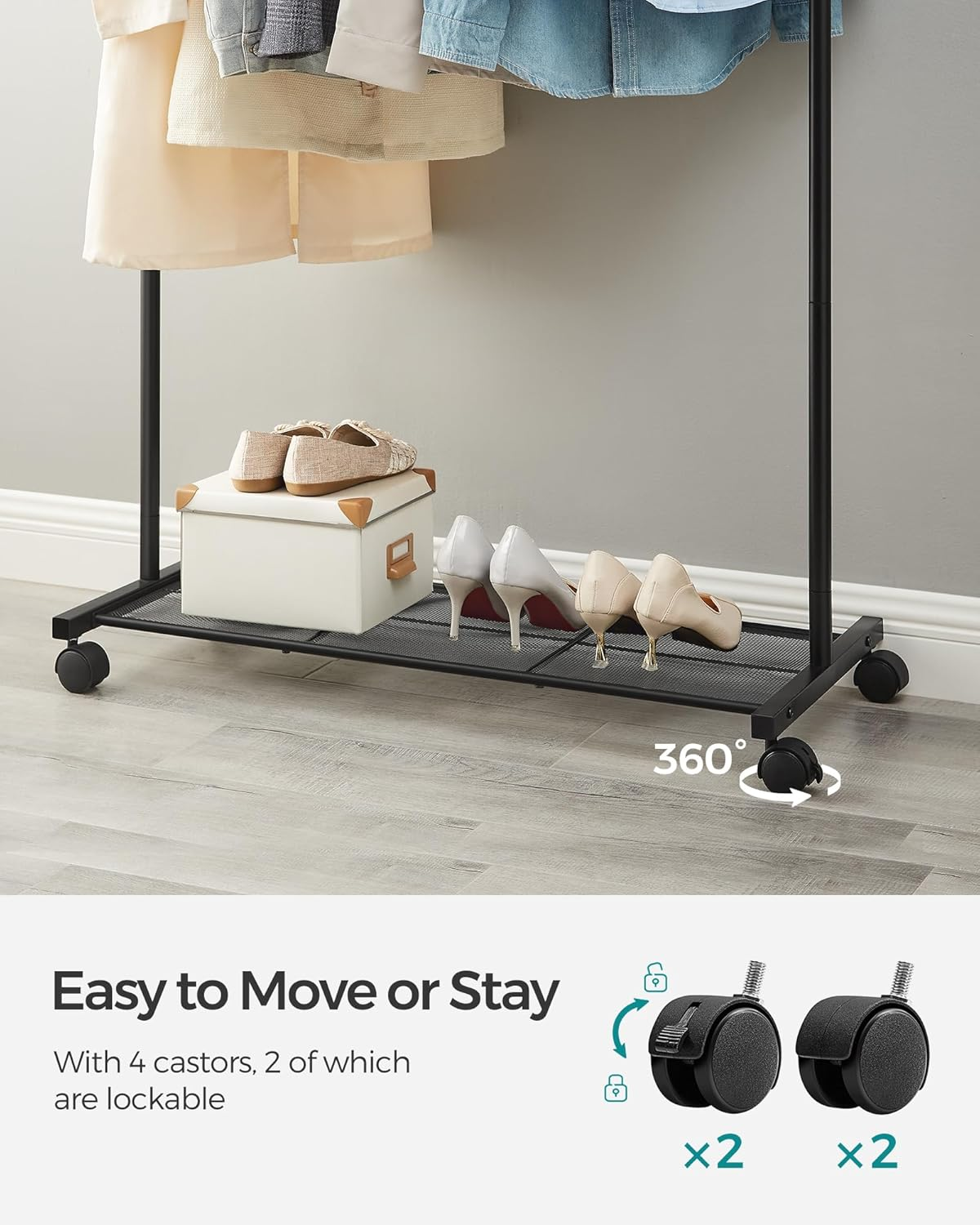 SONGMICS Clothes Rack with Wheels, Metal Clothing Rack for Hanging Clothes, Garment Rack with Mesh Shelf, Rod Holds up to 88 Lb,For Bags, Shoes, Storage Boxes, Black HSR25BK image number 5