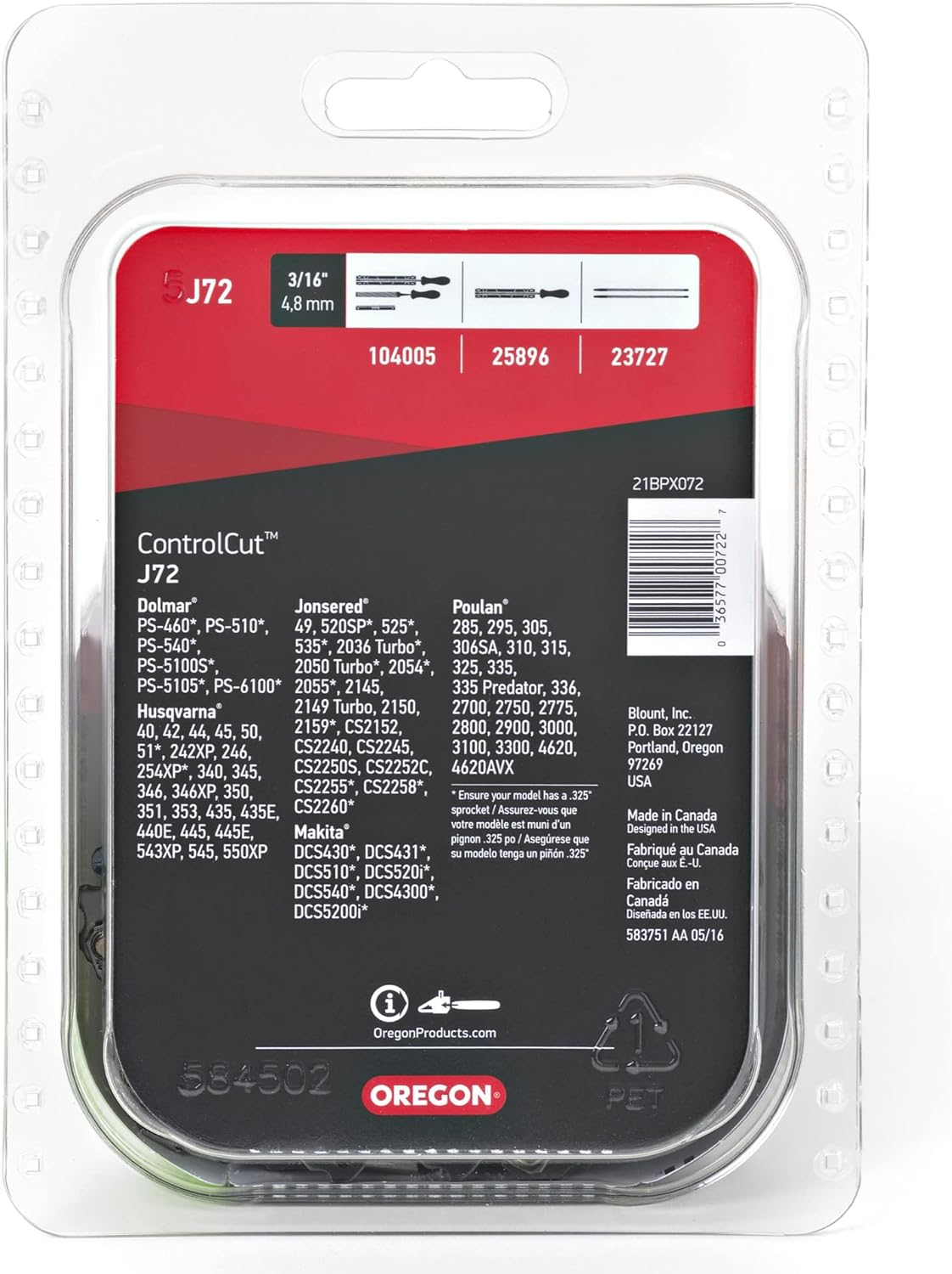 Oregon J72 Controlcut 18-Inch Chainsaw Chain, Fits Husqvarna, Makita, Poulan, Jonsered Grey image number 1