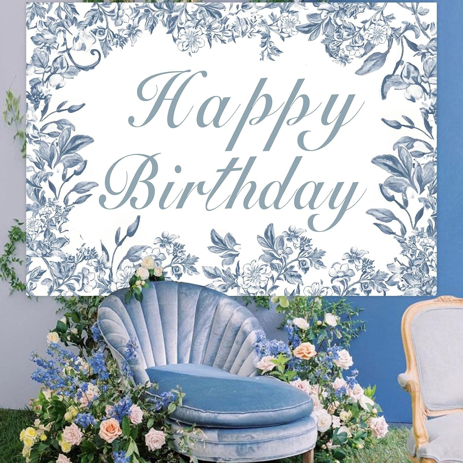 Wonmelody Blue Chinoiserie Birthday Decor 7 * 5Ft Blue Chinoiserie Happy Birthday Backdrop Banner Blue White Floral Backdrop Vintage Floral Party Decor for Chinoiserie Birthday Wedding Bridal Shower image number 2