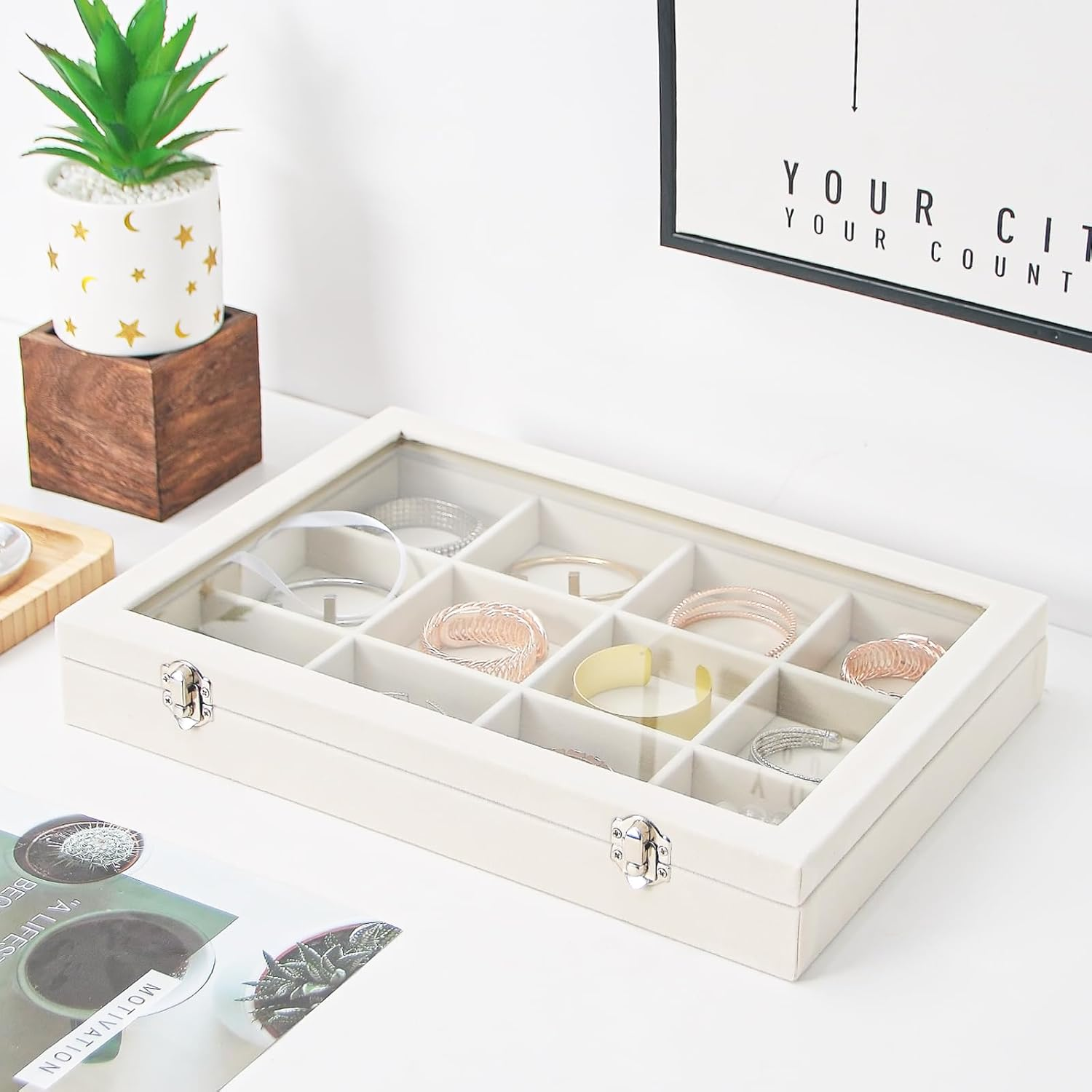 Coward Jewelry Organizer Box, Beige Velvet 12 Grids Bracelet Bangle Necklace Jewelry Display Tray Case with Transparent Glass Lid for Home Drawer Desk or Store Selling Show image number 2