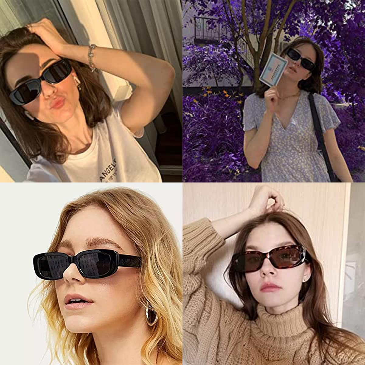 2 Pack Retro Fashion Rectangle Sunglasses Small Square Frames Sun Glasses 90S Vintage Wide Frame Eyewear for Women and Men UV 400 Protection image number 5