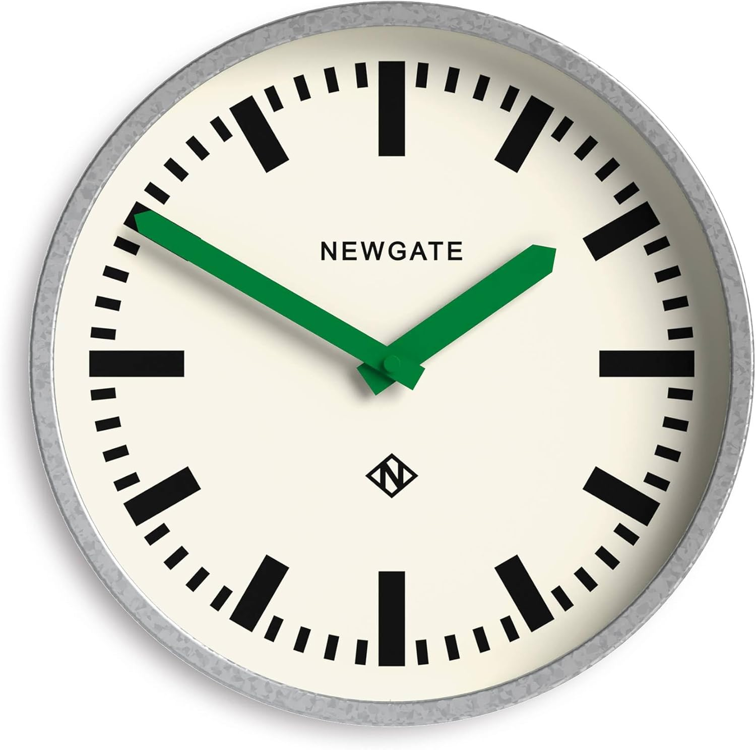 NEWGATE&reg; the Luggage Metal Retro Wall Clock - Newgate Wall Clocks - Designer Station Clock - Perfect as a Kitchen Clock - Office Clock - round Clock - Metal Clock - Galvanised Case/Green Hands
