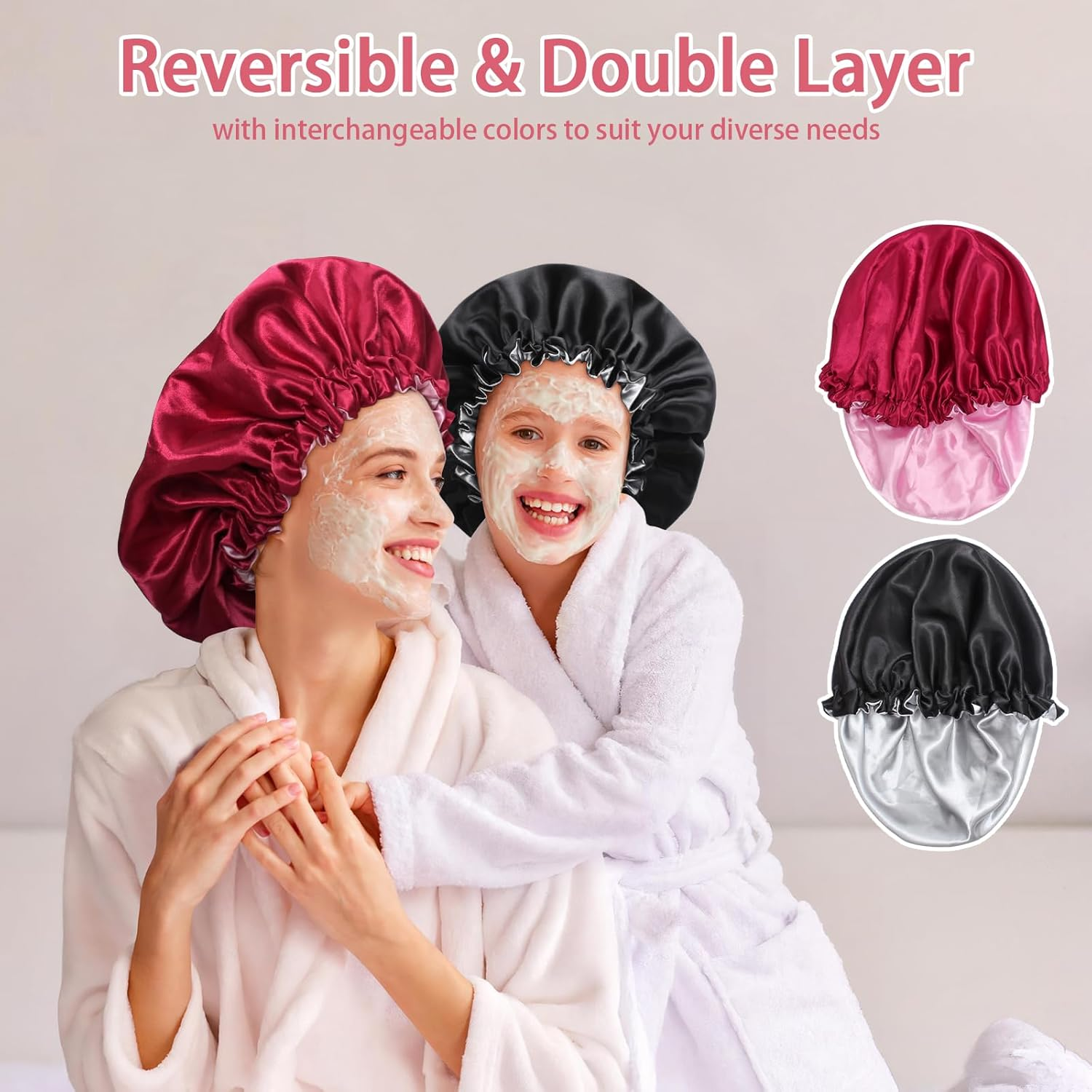 Euqvunn 2Pcs Satin Hair Bonnet, Hair Bonnet for Sleeping Adjustable with Wide Elastic Band, Two Color Double-Sided, Suitable for Night Sleep, Long/Straight/Curly Hair Protection (Black Red) image number 3