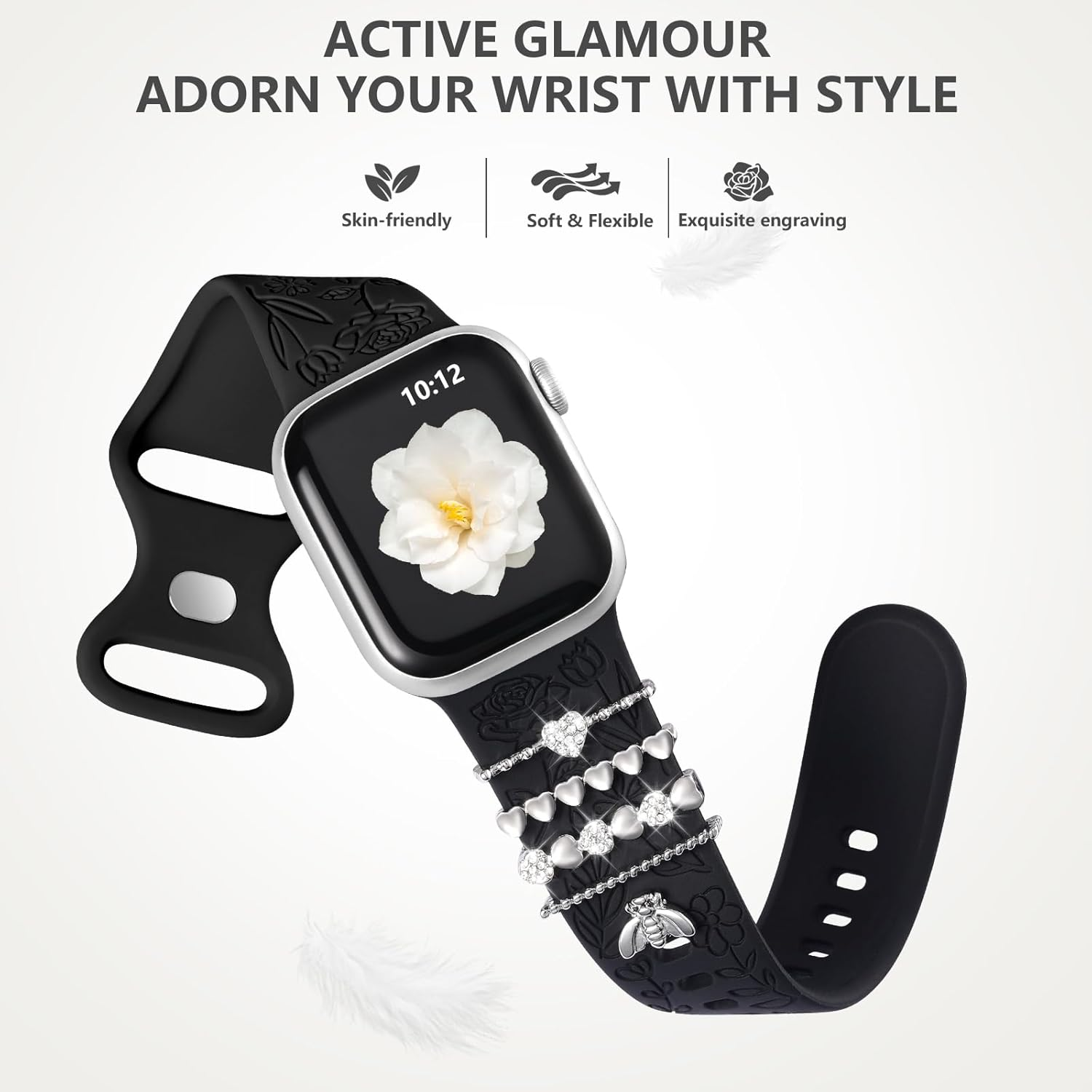 Witzon Flower Engraved Band Compatible with Apple Watch Bands 38Mm 40Mm 41Mm for Women, Soft Silicone Sport Band with Decorative Apple Watch Charms for Iwatch Series 9 8 7 6 5 4 3 2 1 SE (With Band) image number 7