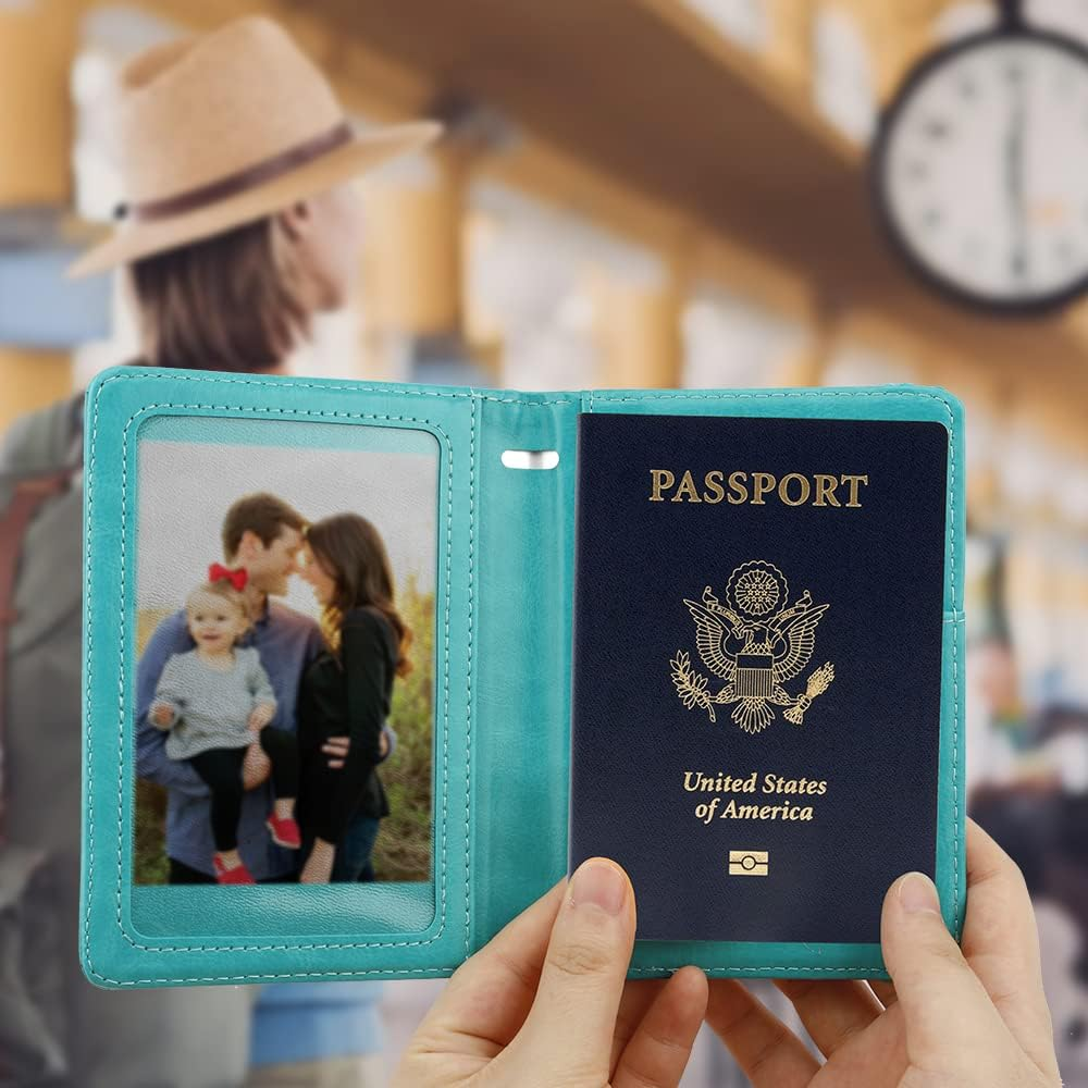 Passport Holder and Vaccine Card Holder, Passport Wallet Passport Cover with RFID Blocking, Lake Blue, Compact image number 7