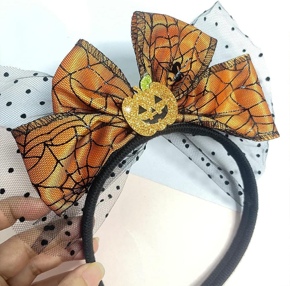Happy Halloween Headband Pumpkin Bow Hair Accessories for Woman Halloween Party Headbands Decor Cute Pumpkin Mesh Design Headwear Hair Hoop for Fall Hair Decorations image number 1