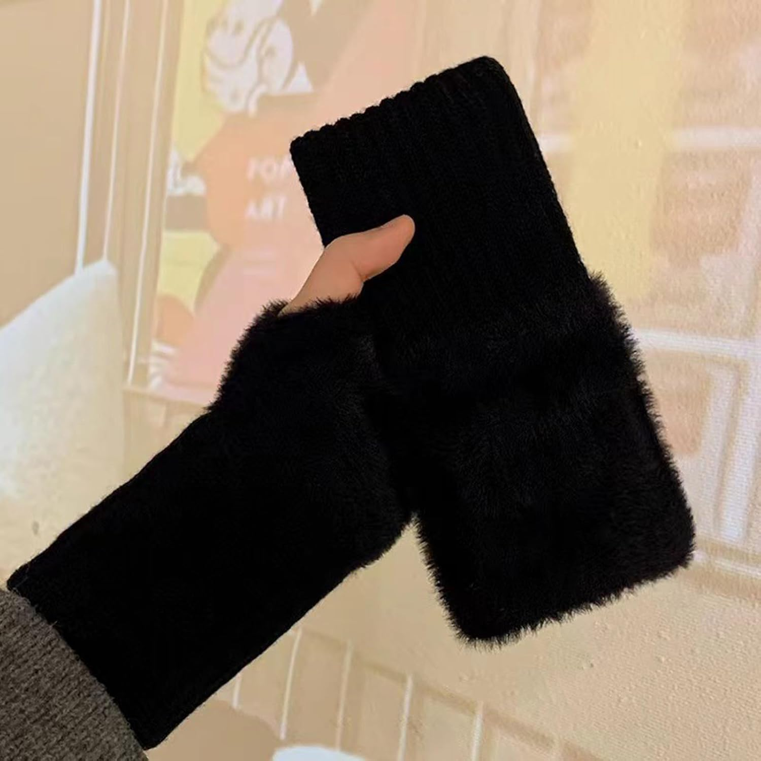 Winter Fingerless Gloves, Furry Wrist Warmers, White and Black image number 3