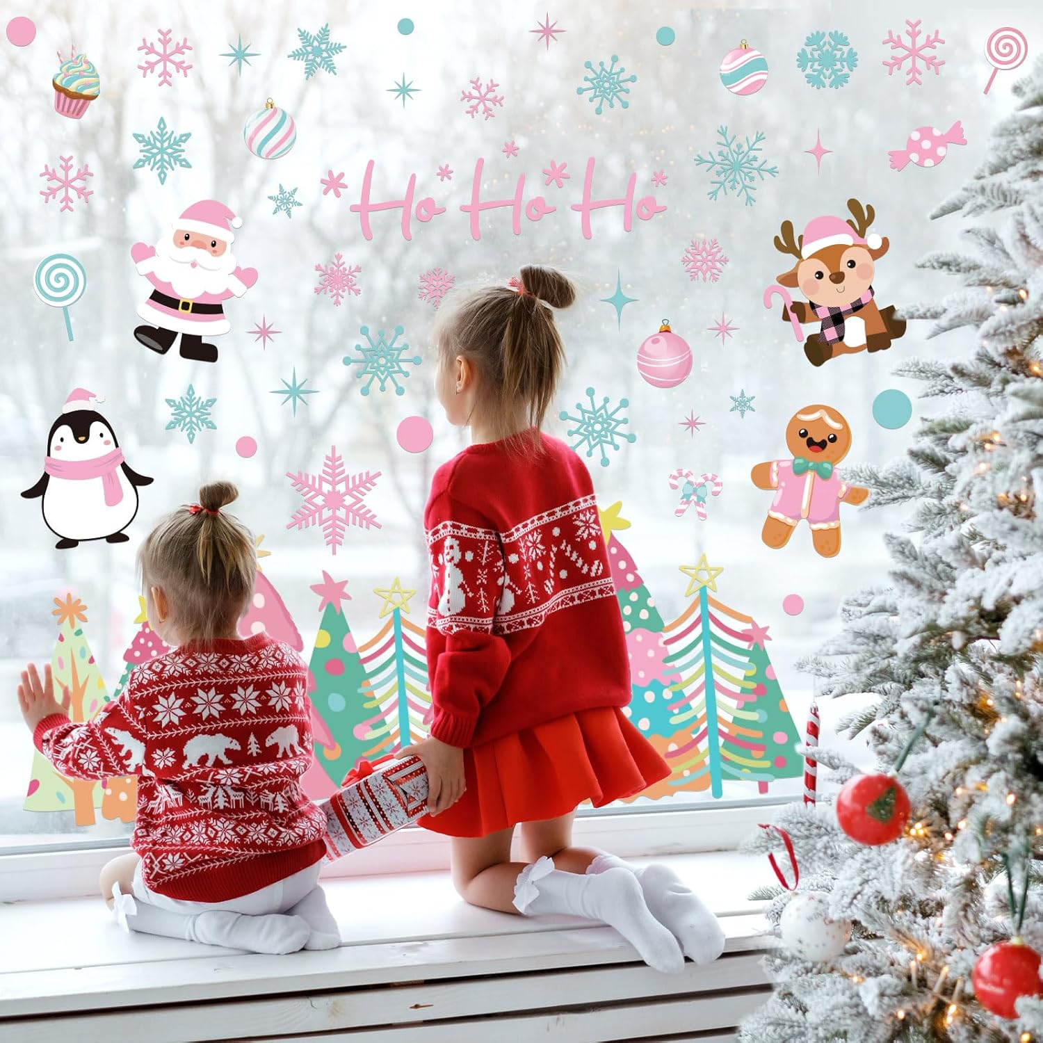 Whaline 6 Sheet Pink Christmas Window Clings Pink-Green Xmas Tree Snowflake Santa Reindeer Reusable Window Decals for Winter Holiday Home Glass Party Decor image number 2