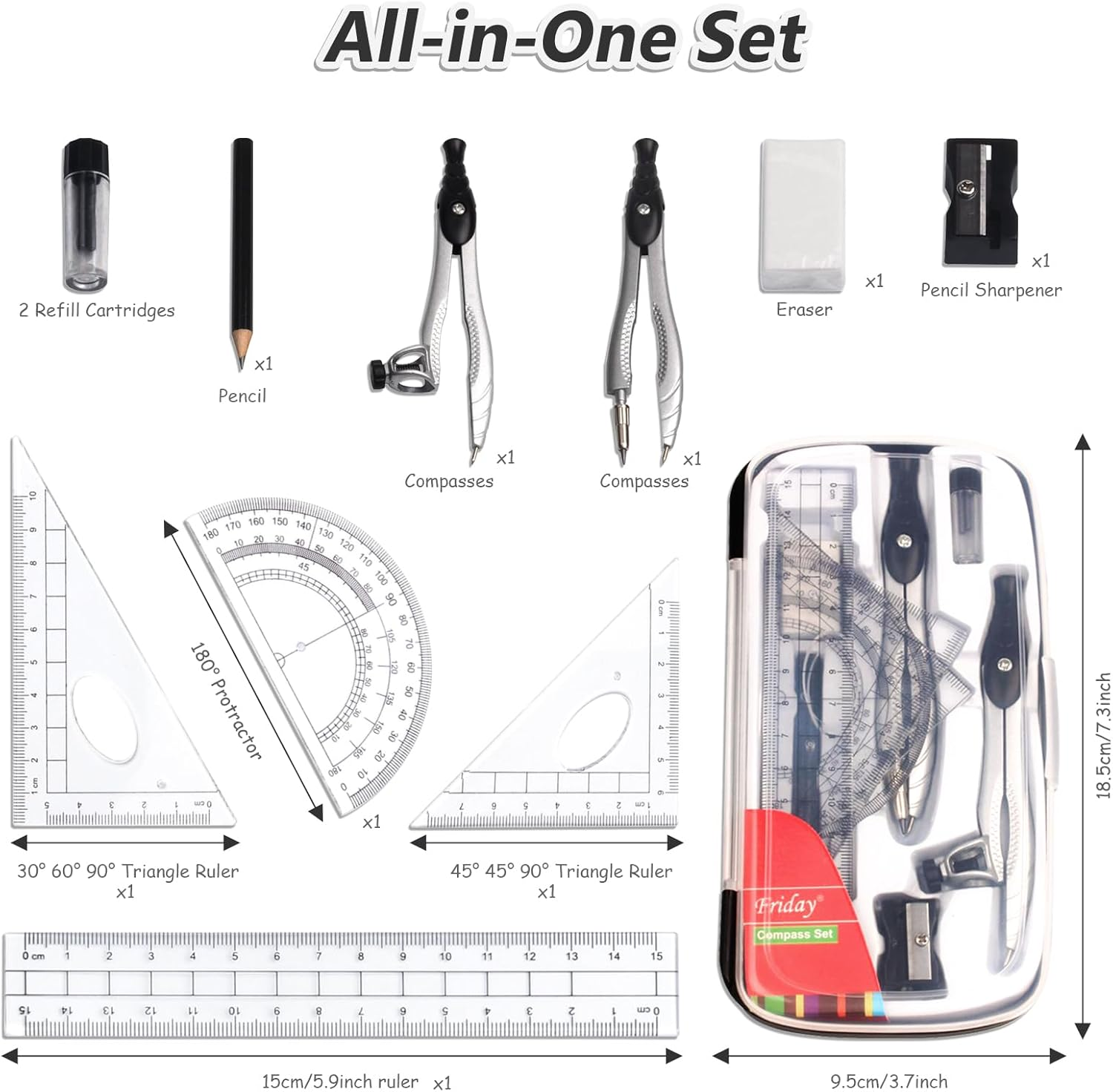 SAYEEC Geometry Set, 10 Pcs Math Protractor Compasses Kit with Ruler, Triangles, Eraser, Sharpener, Lead Refills, Pencil, Storage Box, Drafting Drawing Tools for Architects Engineers Artists Students image number 3
