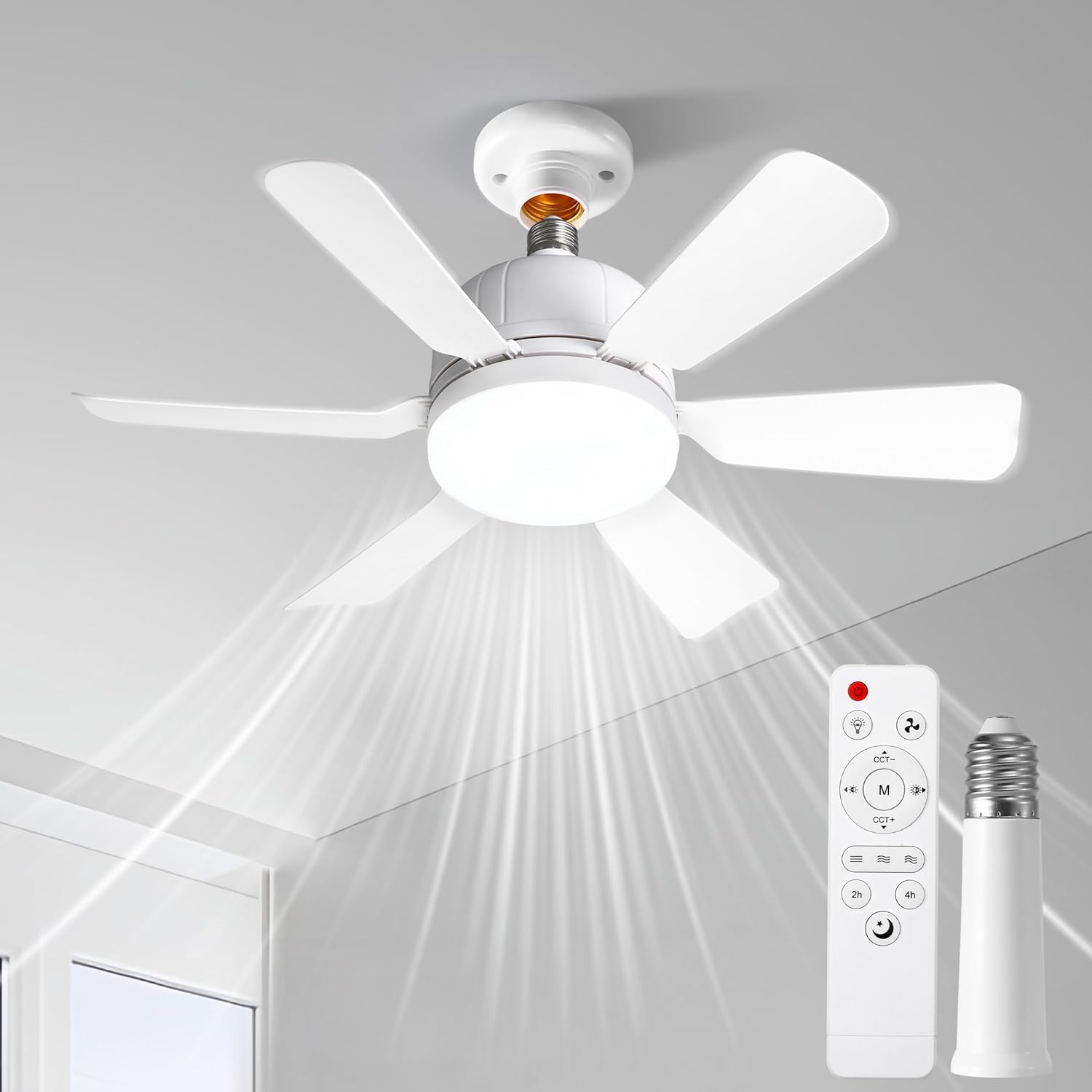 TUXOIUBA Socket Ceiling Fan Light with Remote and 1 Socket Extender, E26/E27 Based Easy Install, 3 Color Stepless Dimming, 3 Speeds, Dimmable LED for Bedroom, Kitchen and Living Room image number 6