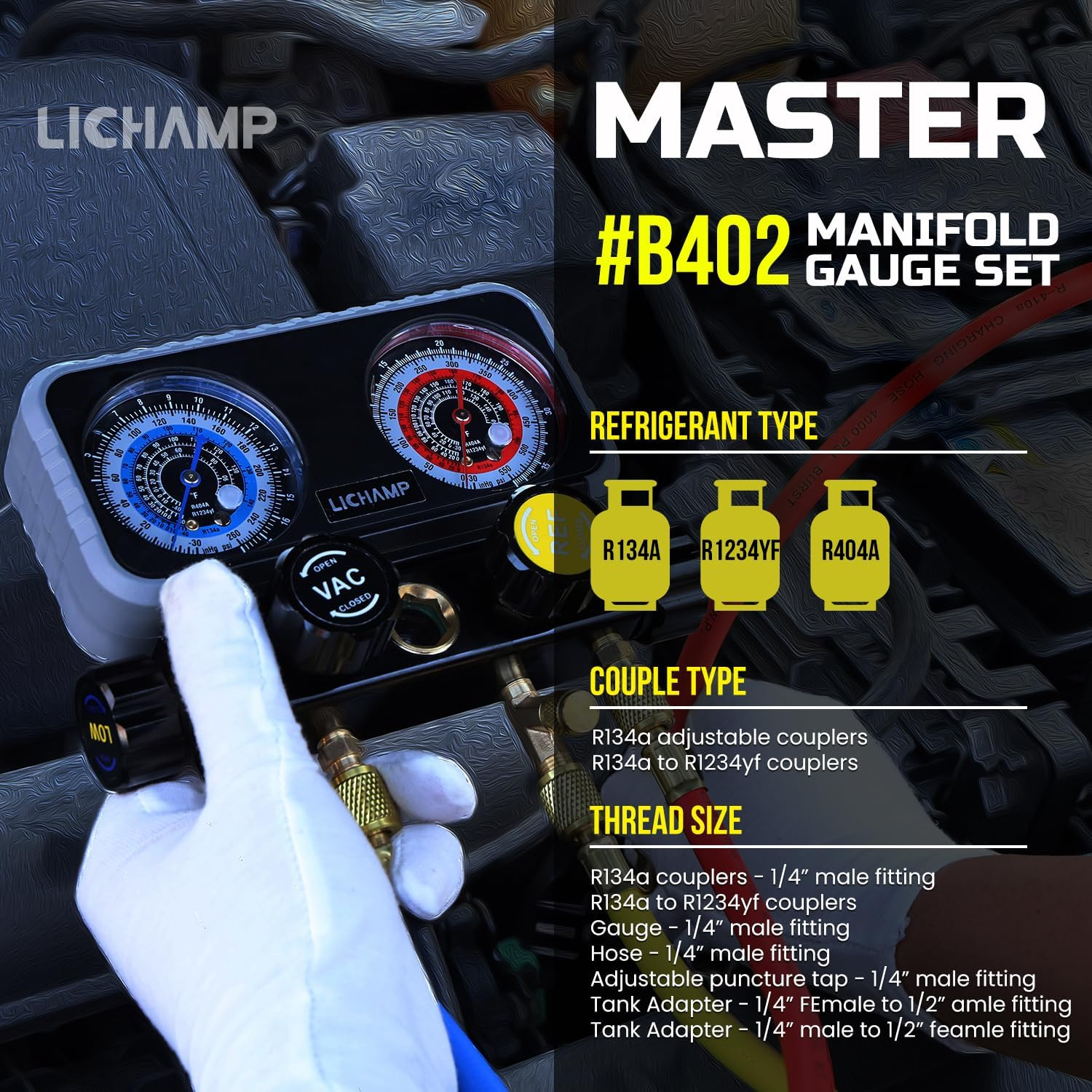 Lichamp AC R1234YF R134A Gauge Set, Automotive 4 Valve Manifold Gauge Compatible with R1234YF R134A and R404A Refrigerants, Works on Car Freon Charging and Evacuation image number 2