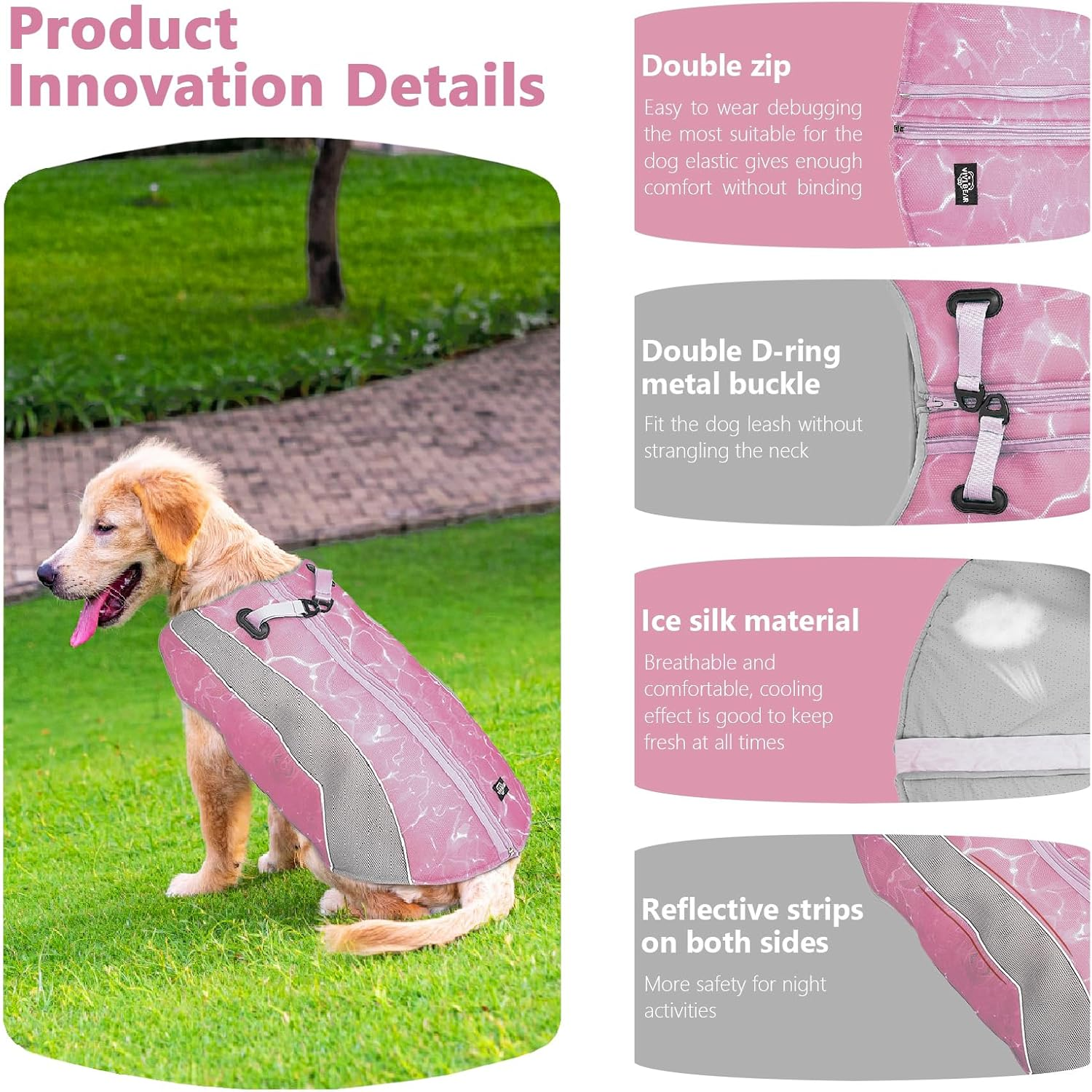 TOPSOSO Cooling Vest for Dogs, Cooling Vest Dog Pets with Safety Reflective Stripes Adjustable Zip, Effective Dog Cooling Vest for Dogs Outdoor Training and Camping (Pink, L) image number 6