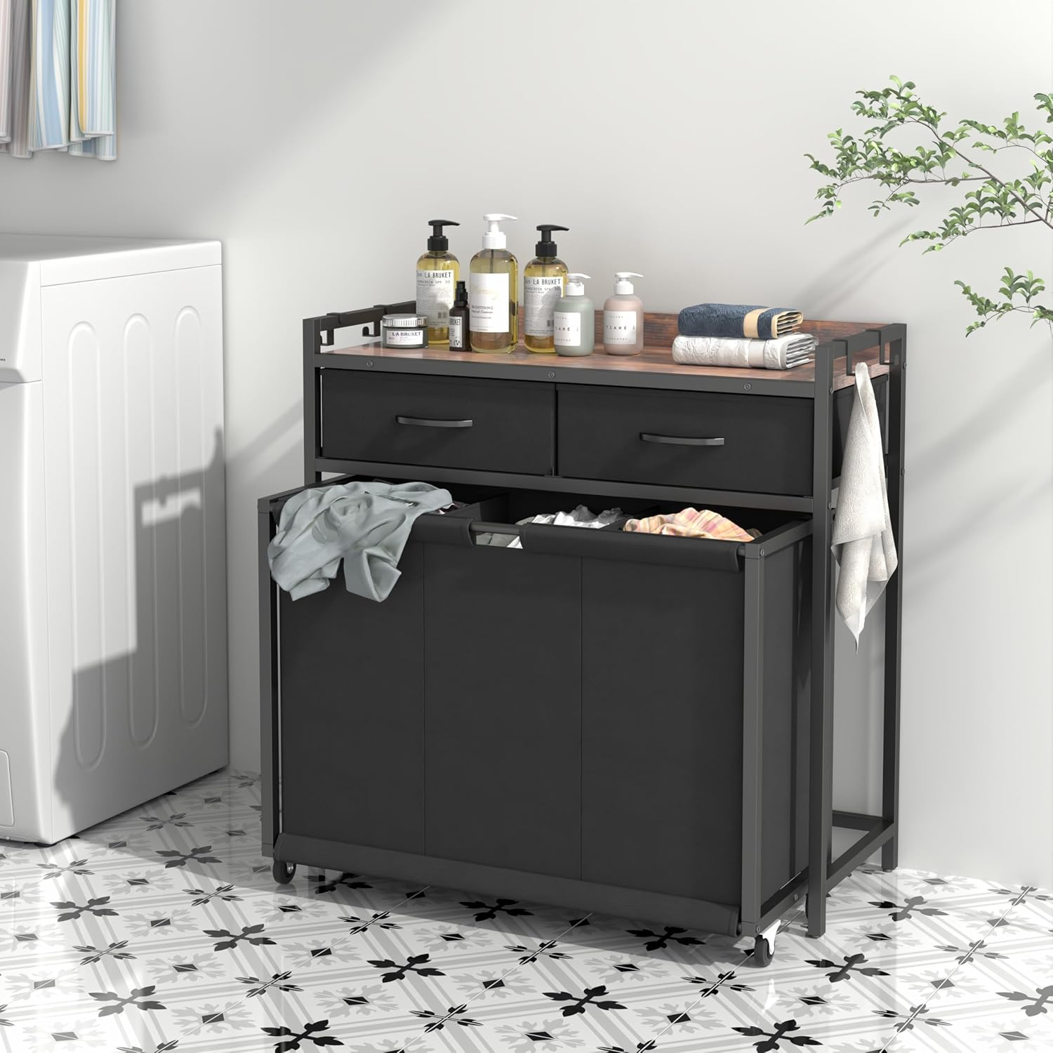 Kisfam Laundry Hamper Laundry Basket with 3 Section Pull-Out Rolling Bags, Laundry Sorter for Organization and Storage, 2 Pull-Out Drawers for Laundry Room, Bathroom, Bedroom Use (Brown) image number 5