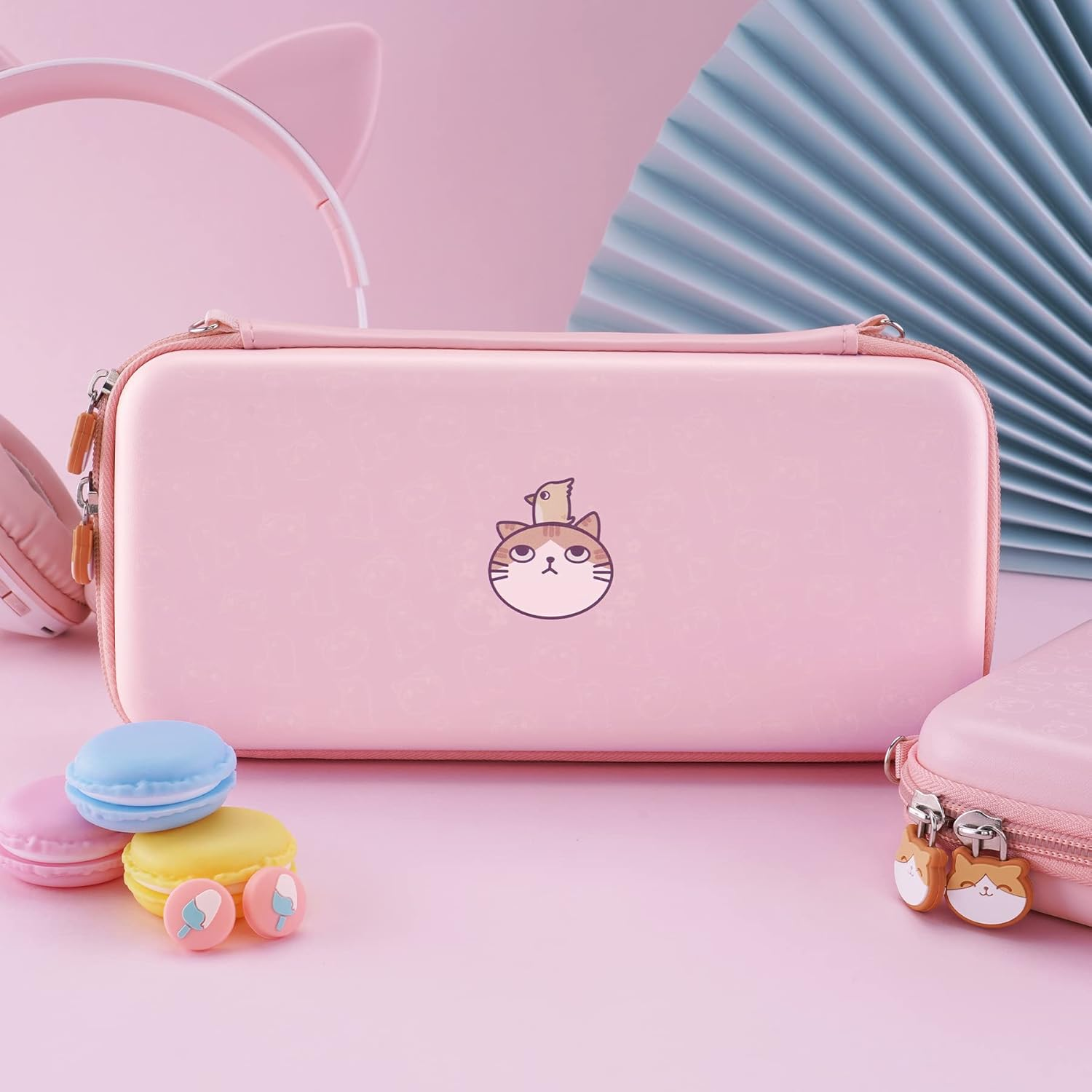 Playvital Pink Travel Carrying Case for Nintendo Switch & Switch OLED, Protective Hard Shell Storage Case for Switch,W/Thumb Grips Game Cards Slots & Inner Pocket - Kitten & Chicken image number 3