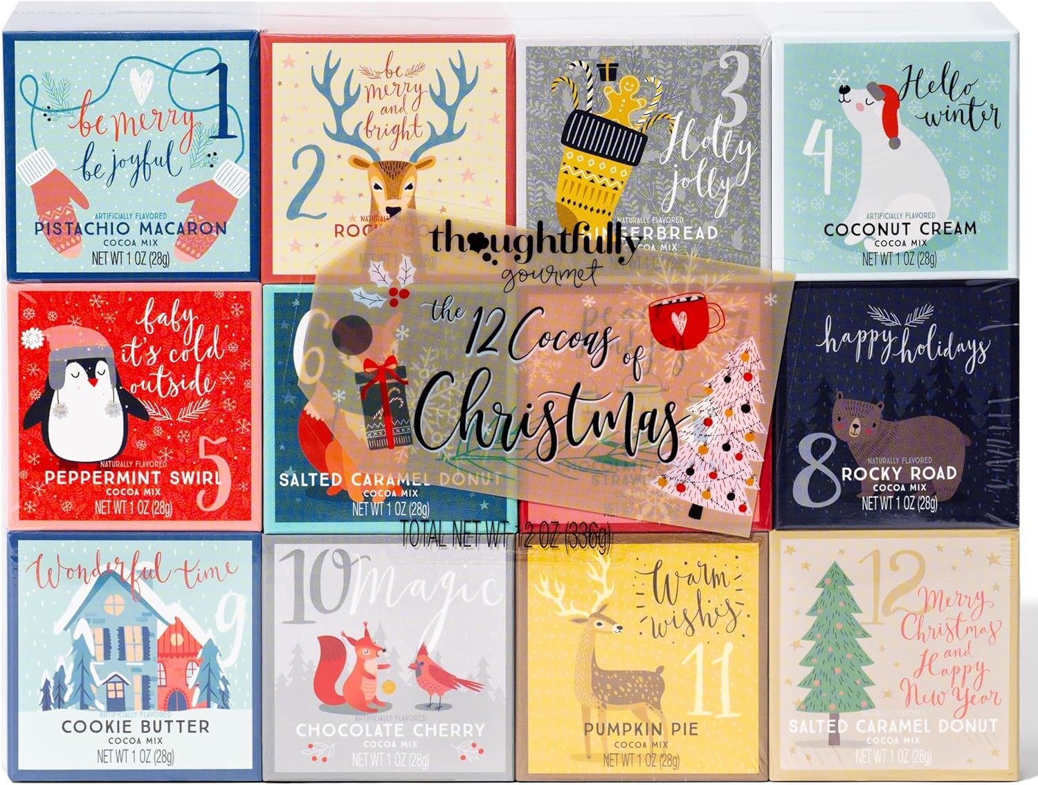 Thoughtfully Gourmet, 12 Days of Christmas Hot Chocolate Gift Set, Flavours Include Rocky Road, Cookies Butter, Pumpkin Pie & More, Set of 12