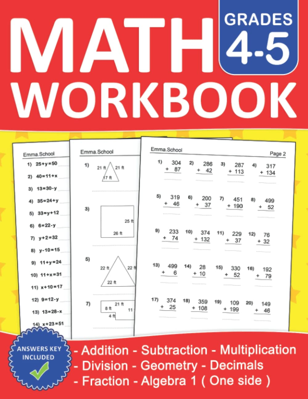 Math Workbook for Grades 4-5 with Addition,Subtraction,Multiplication,Division Exercises,Algebra 1,Geometry,Fractions and Decimals with Answers: 4Th ... Ages 9-11 | Math Worksheets for Grades 4 to 5 image number 1