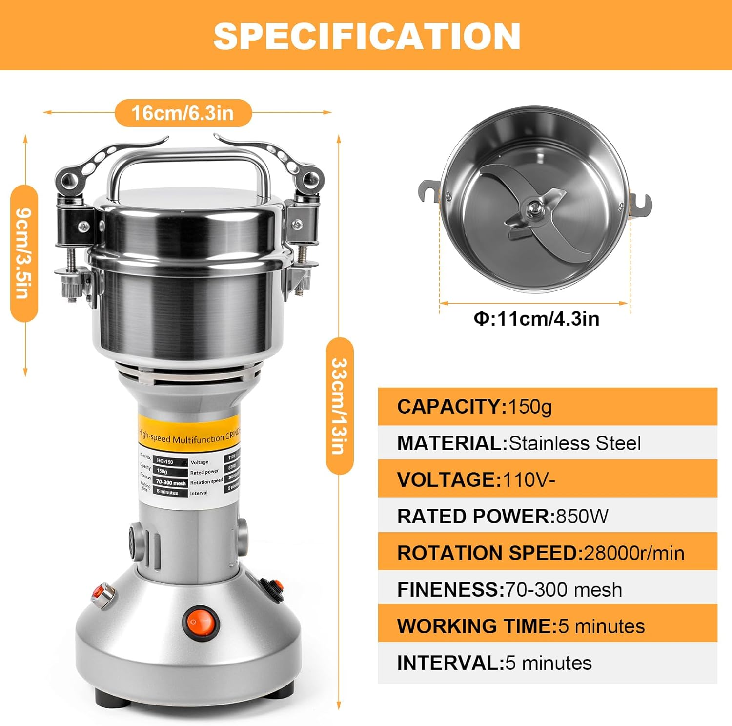 LZONEY Grain Mill Grinder 150G High Speed Electric Stainless Steel Grinder Cereals Wheat Corn Herbs Spices Coffee Beans Seasonings image number 2