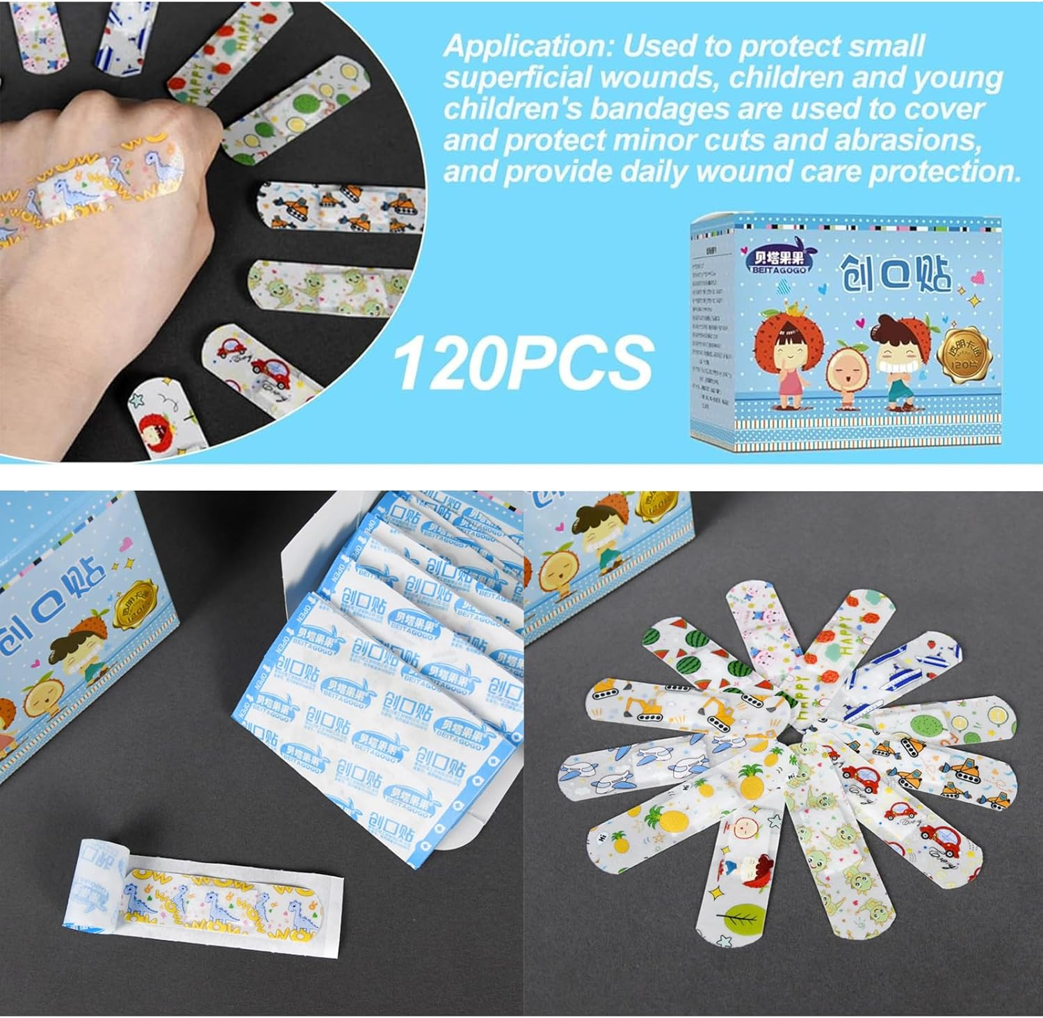 120-Pack Bandages - Waterproof and Breathable, Hypoallergenic, Latex-Free - Various Cute Cartoon Designs, Breathable Bandages Protect against Scrapes and Cuts. image number 4