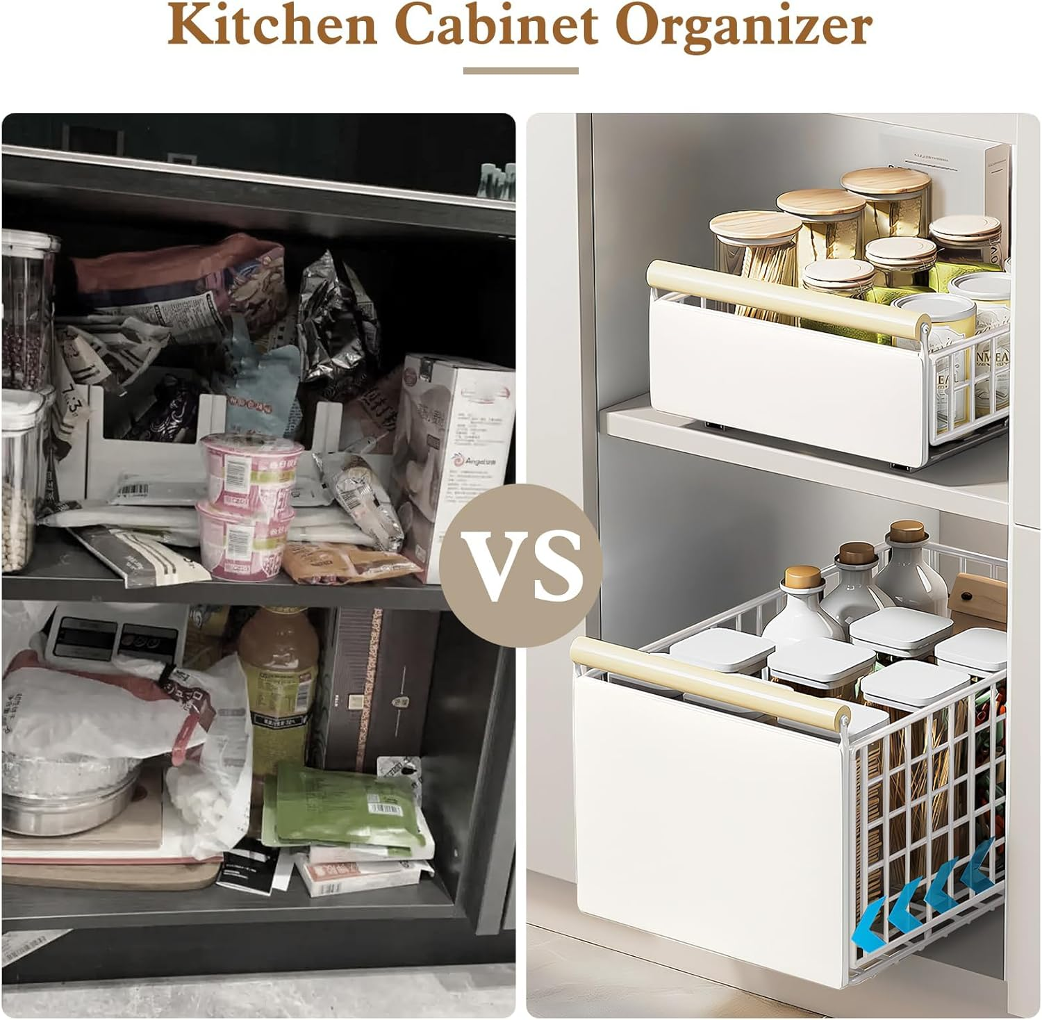 Kitchess 2 Pack Pull Out Drawers for Cabinets, Large Pull Out Cabinet Organizer for Kitchen Storage & Organisation, Foldable Slide Out Drawer Storage for Kitchen, Pantry, Shelves image number 1