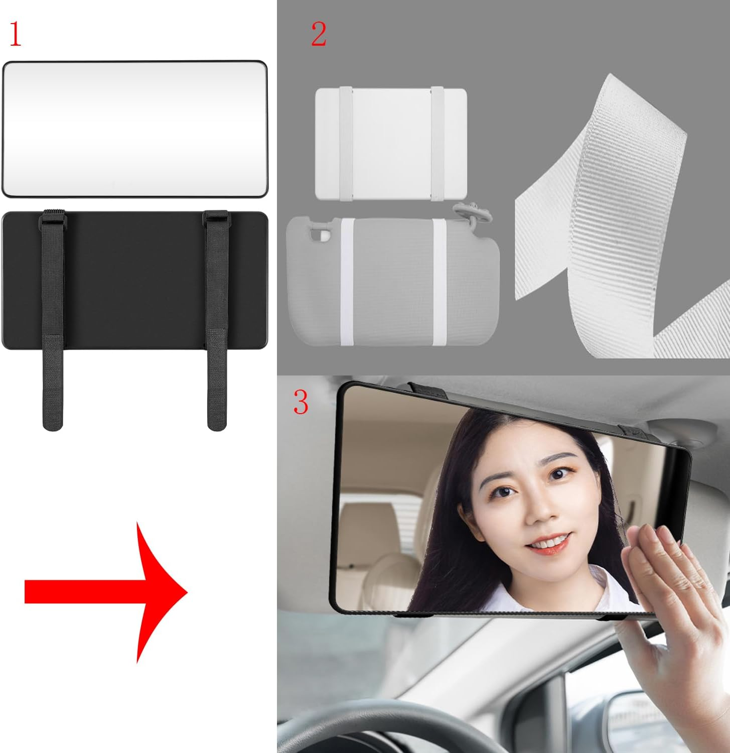 Car Mirror Visor Cosmetic Makeup Mirror, Large Vanity Sun-Shading Mirror for Car Truck SUV Rear View, with Straps (Black) image number 6