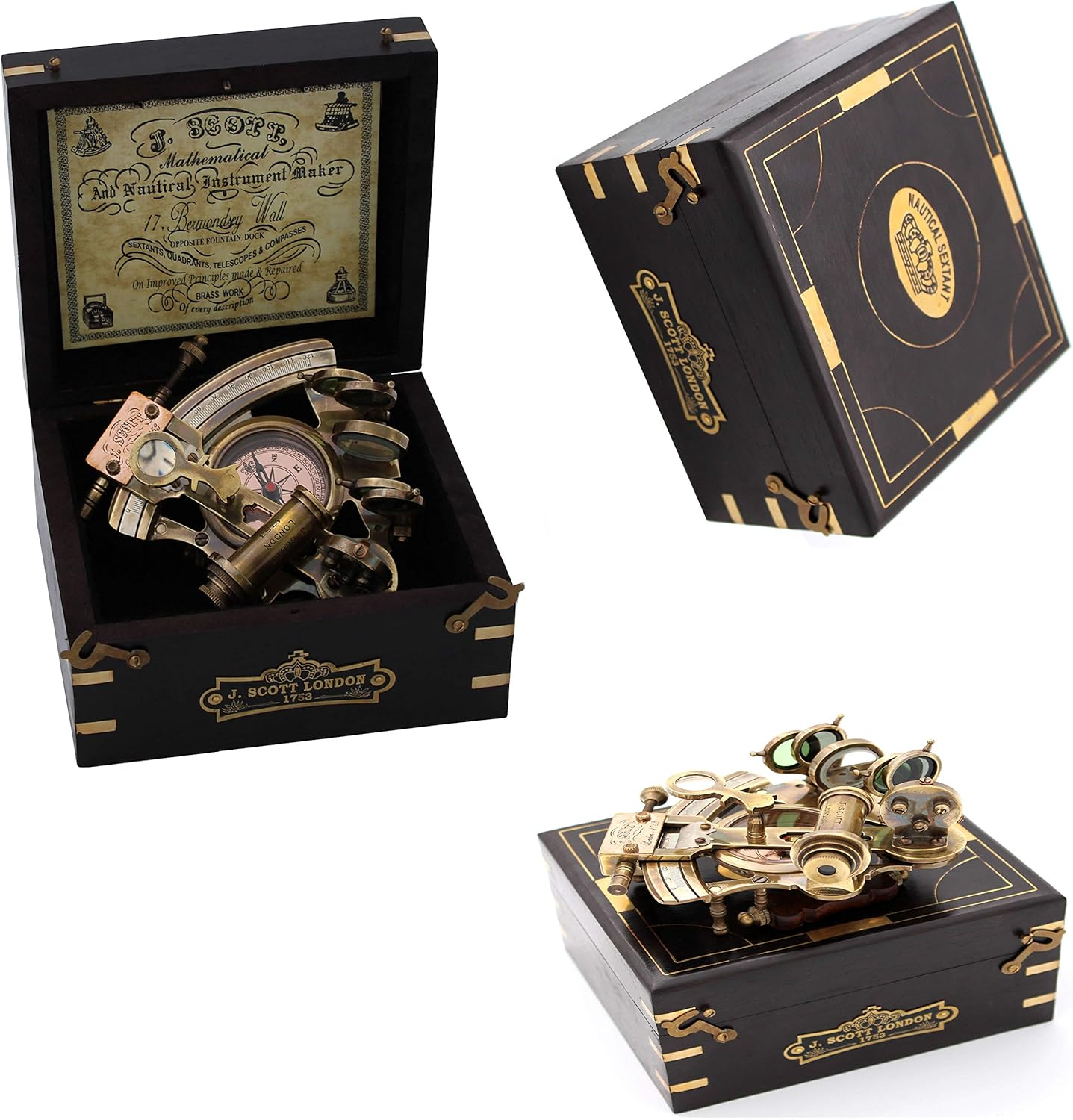 US HANDICRAFTS Handmade Astrolabe Brass Sextant Inbuild Compass with Hardwood Box| image number 5