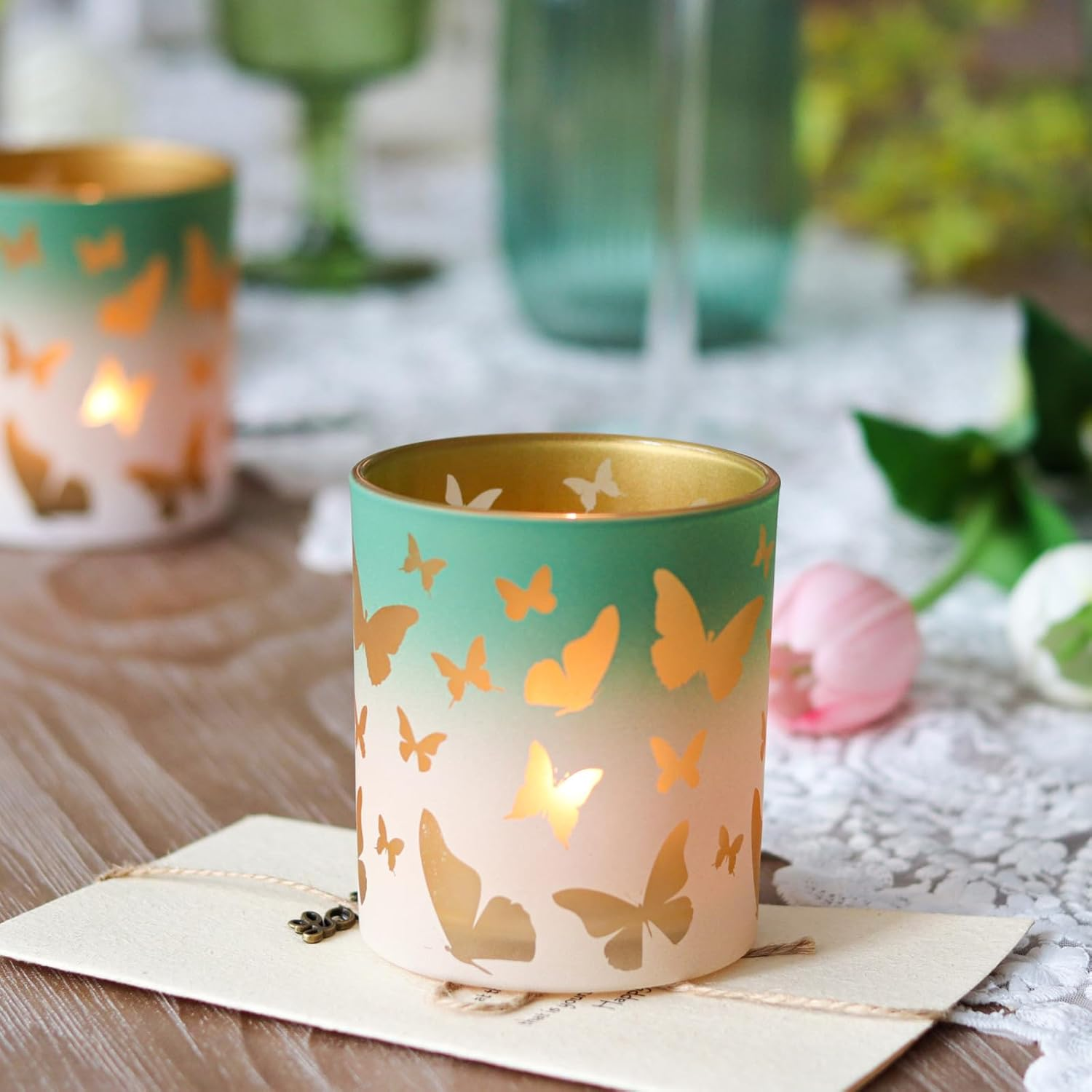 Glass Candlestick Holder, Birthday Gifts for Mom, Delicate Gifts for Women/Her, Butterfly Glass Tea Light Candle for Home Dining Table Office Desk Party Decoration Candle Holder, Green