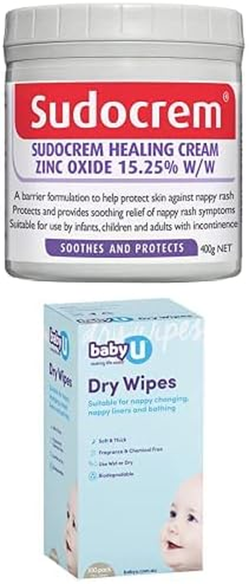 Sudocrem Healing Cream 400G + Babyu Dry Wipes, White, 100 Count