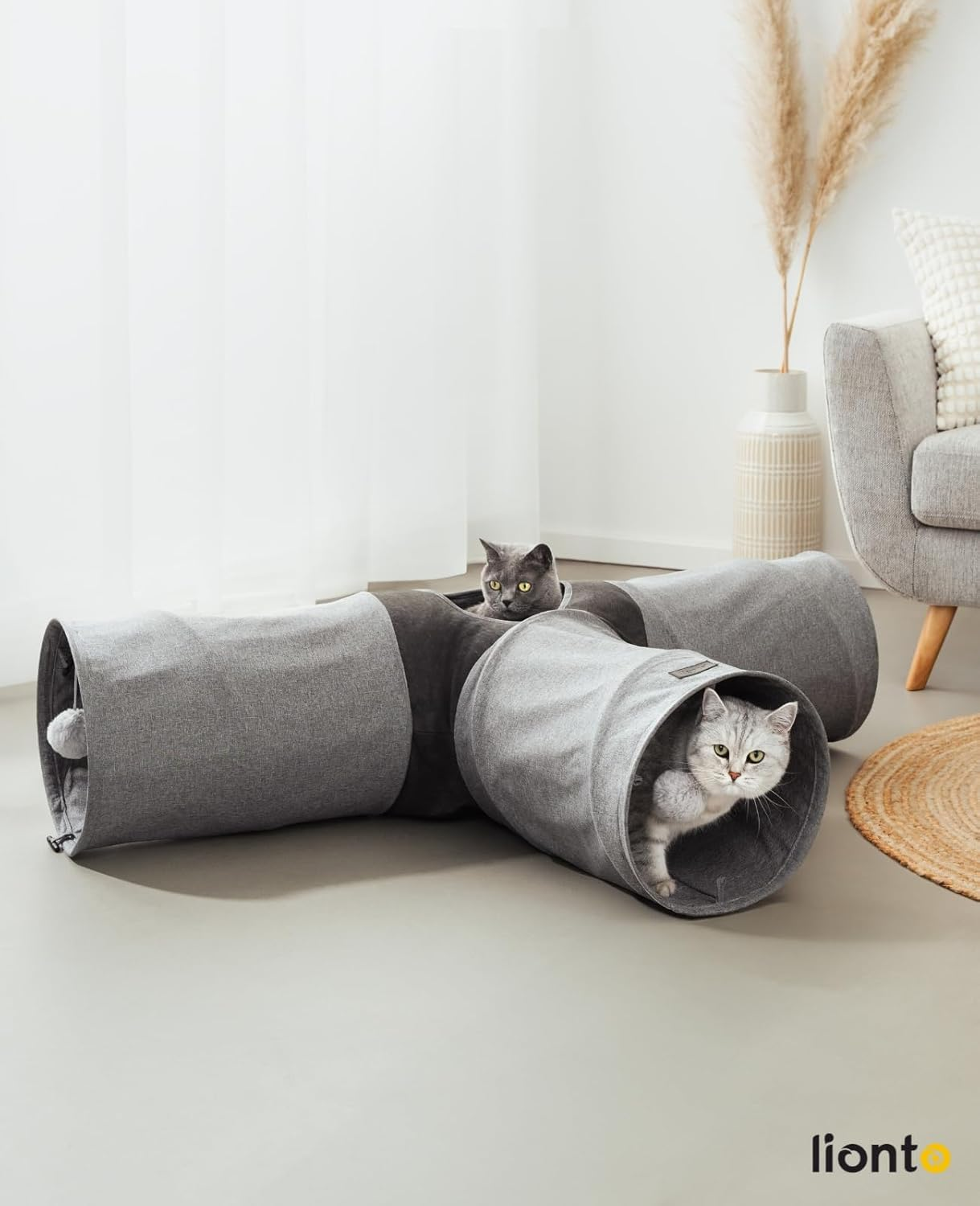 Lionto 3-Way Cat Tunnel with Play Ball, 30 X 120 X 80 Cm, Foldable Expandable Play Tunnel Made of Easy-Care Faux Linen Material for Cats, Robust Cat Toy, 30 Cm Diameter image number 2